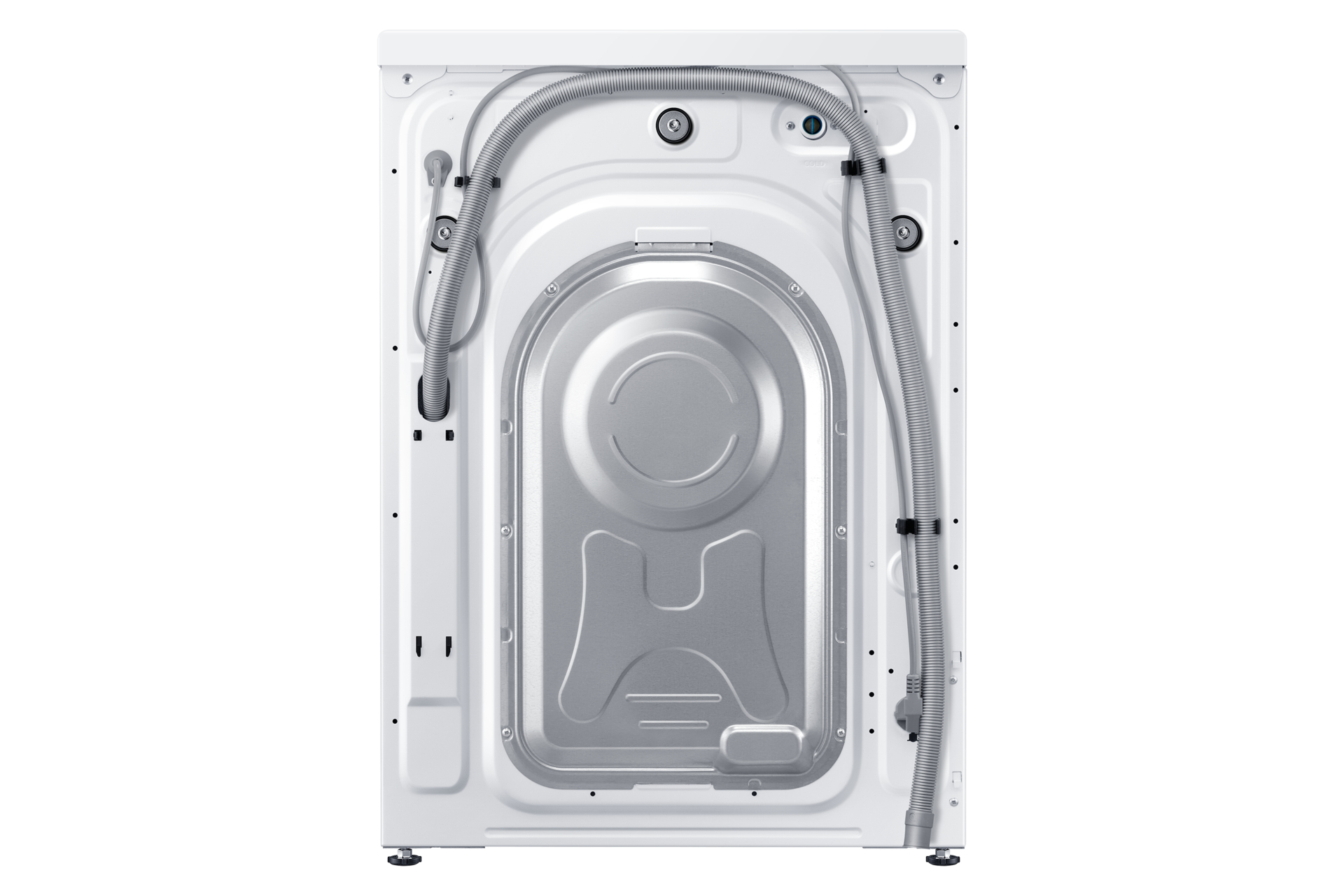 Tył białej pralki Samsung, widoczne węże i komponenty.