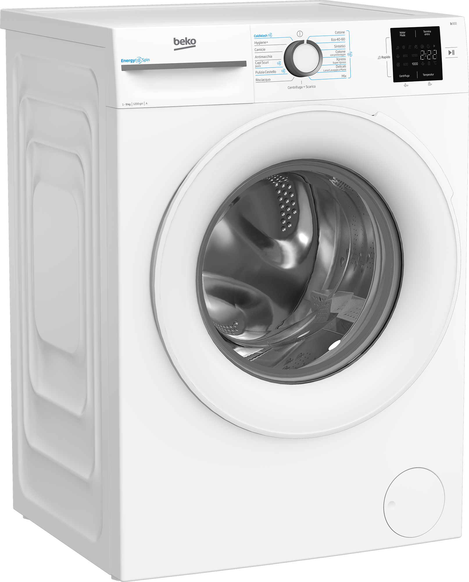 Una lavatrice Beko bianca, vista angolata. Presenta una porta circolare e un pannello di controllo. Sfondo bianco.