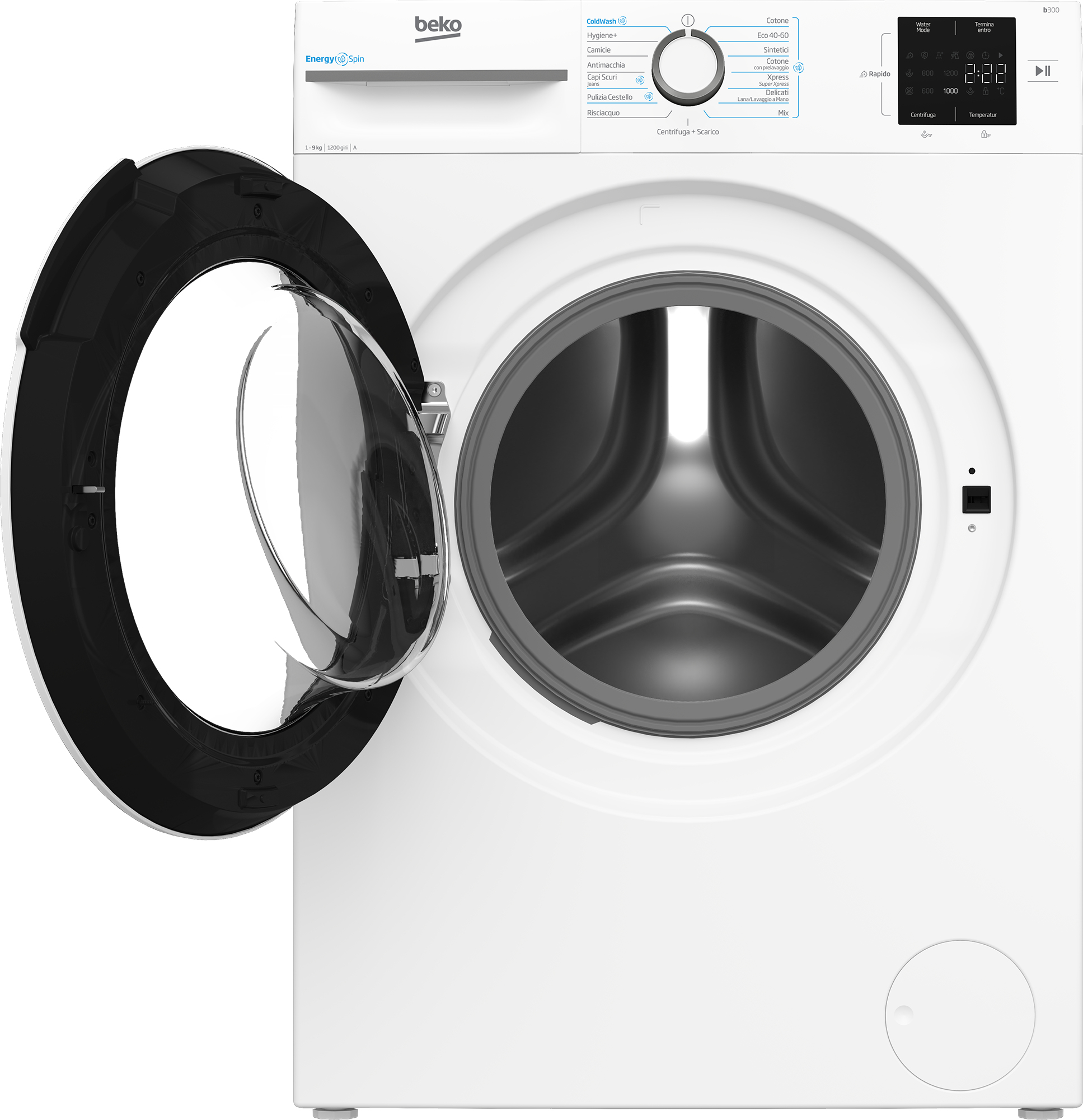 Lavatrice Beko bianca con porta aperta. Tamburo interno visibile. Pannello comandi e display digitale.