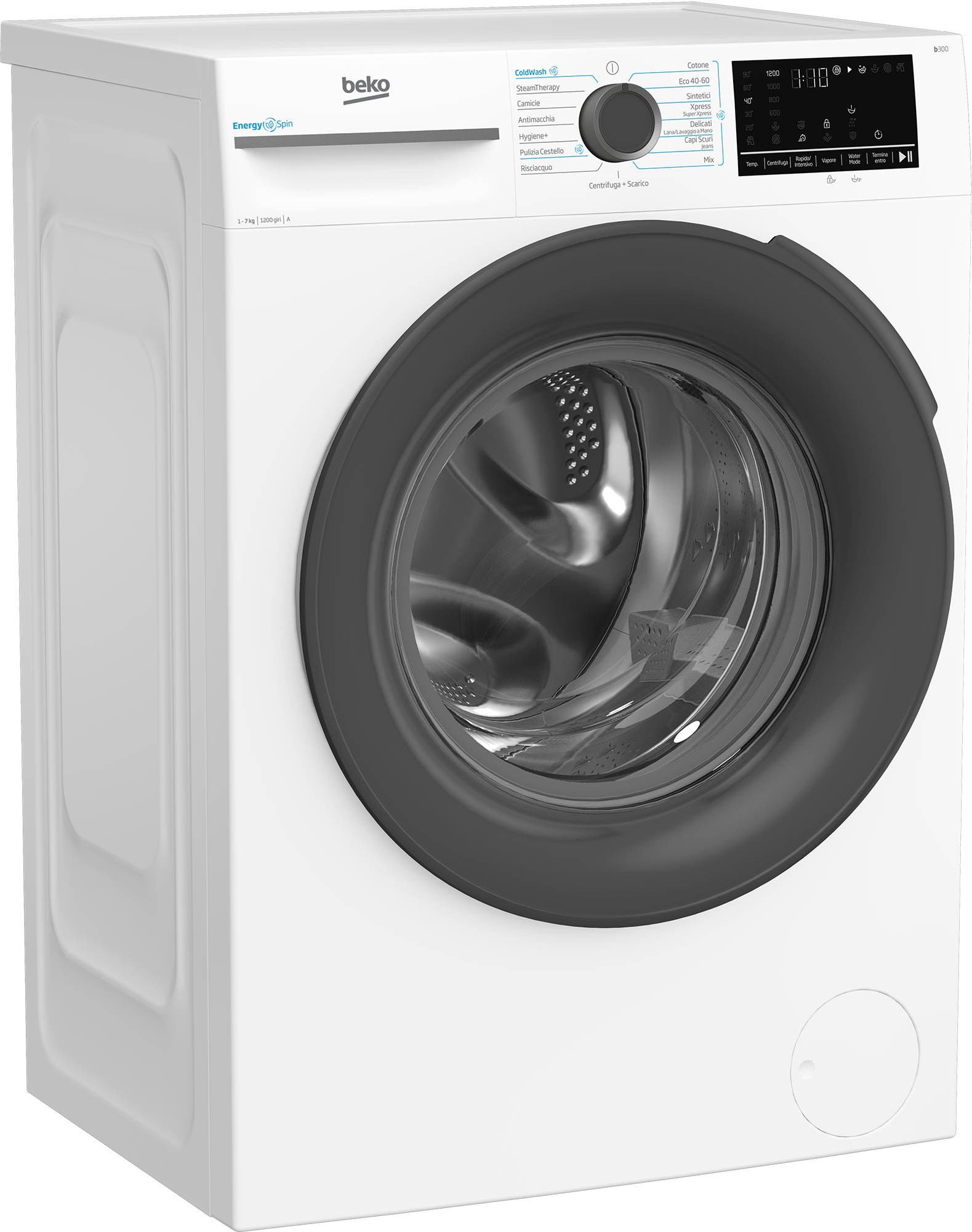Una lavatrice Beko bianca. La macchina ha un grande oblò nero e un pannello di controllo in alto.
