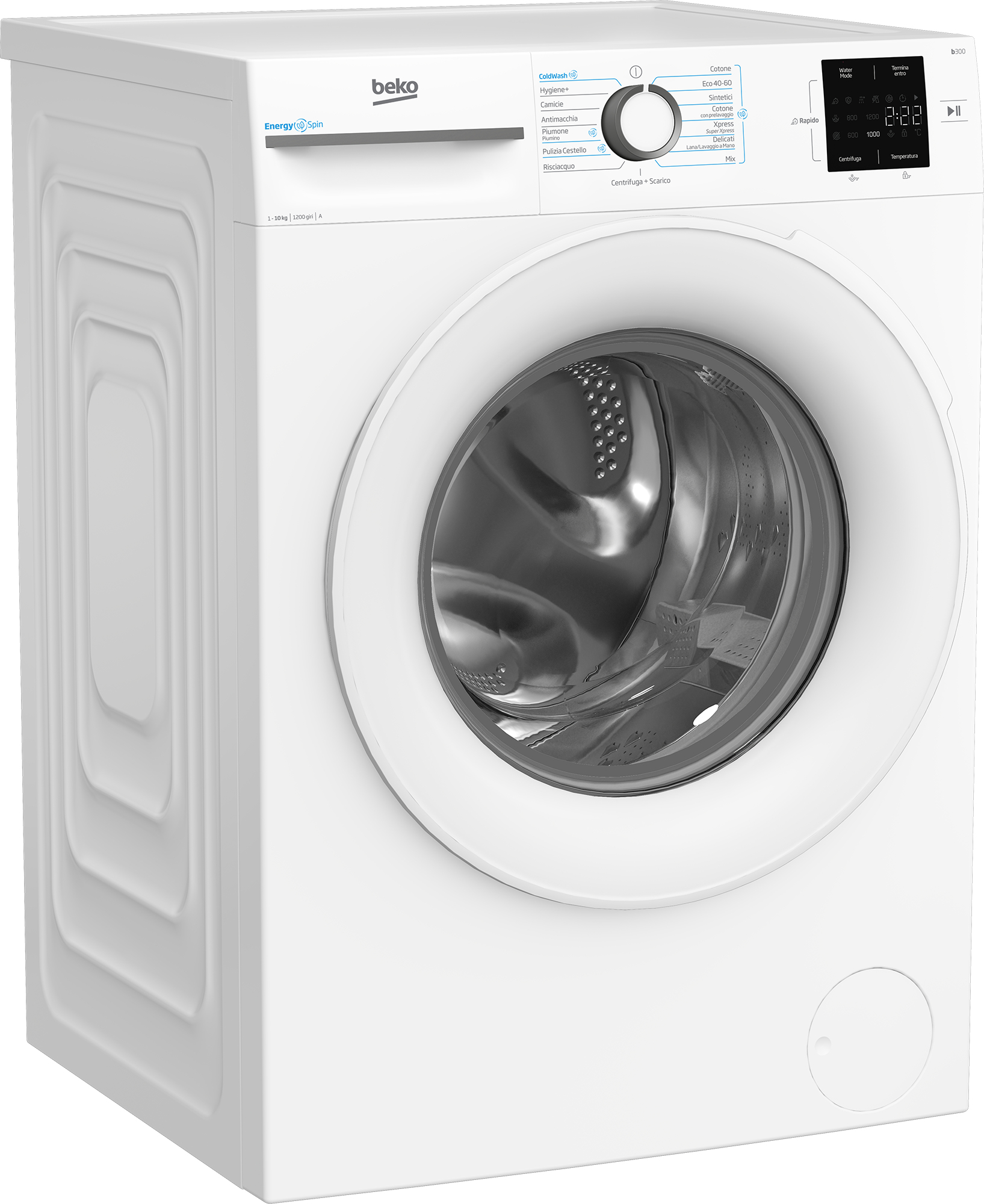 Lavatrice Beko bianca, vista angolata. Presenta una porta rotonda, un pannello di controllo e un display digitale.