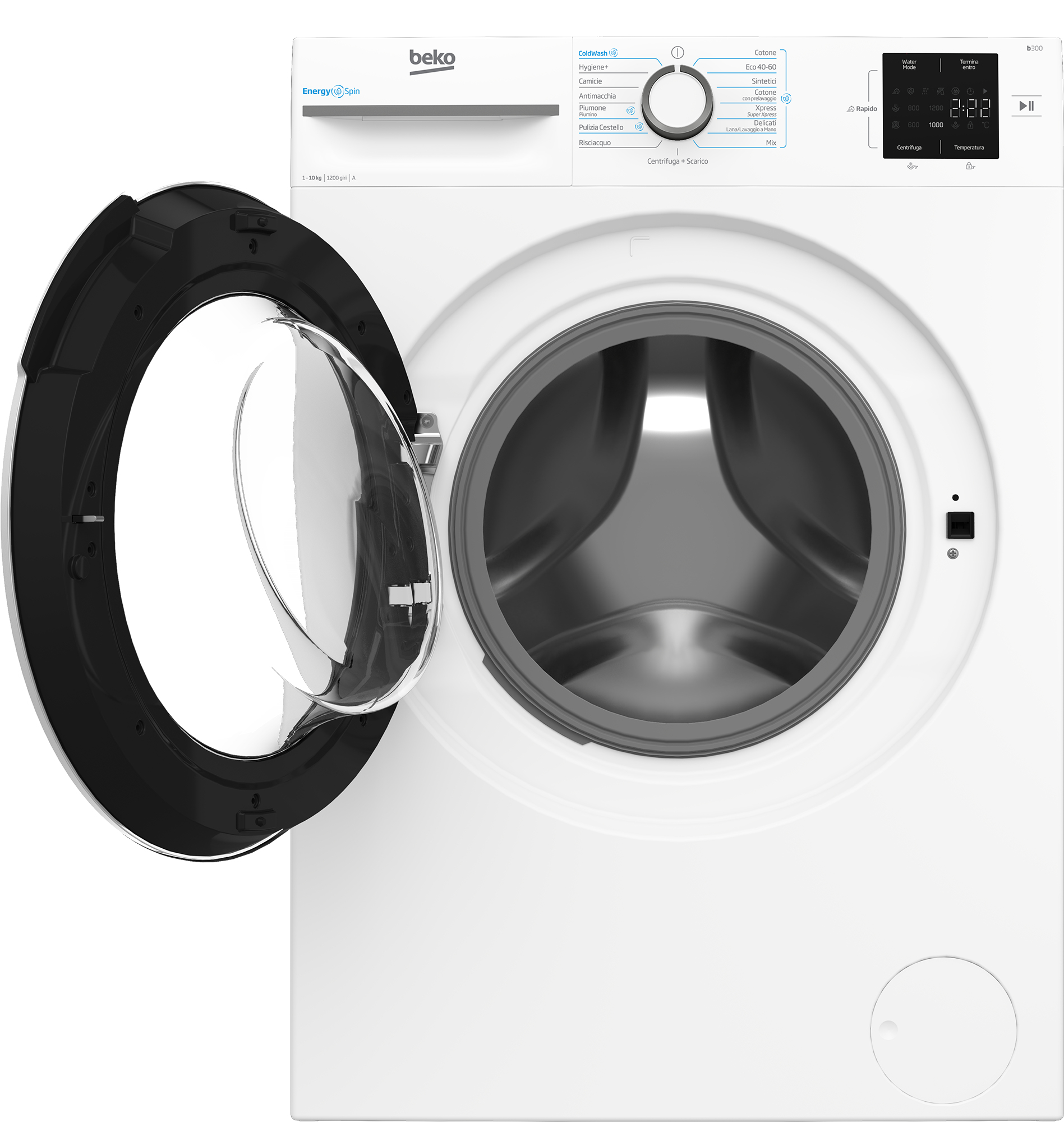 Una lavatrice Beko bianca con la porta aperta, che mostra il cestello interno.