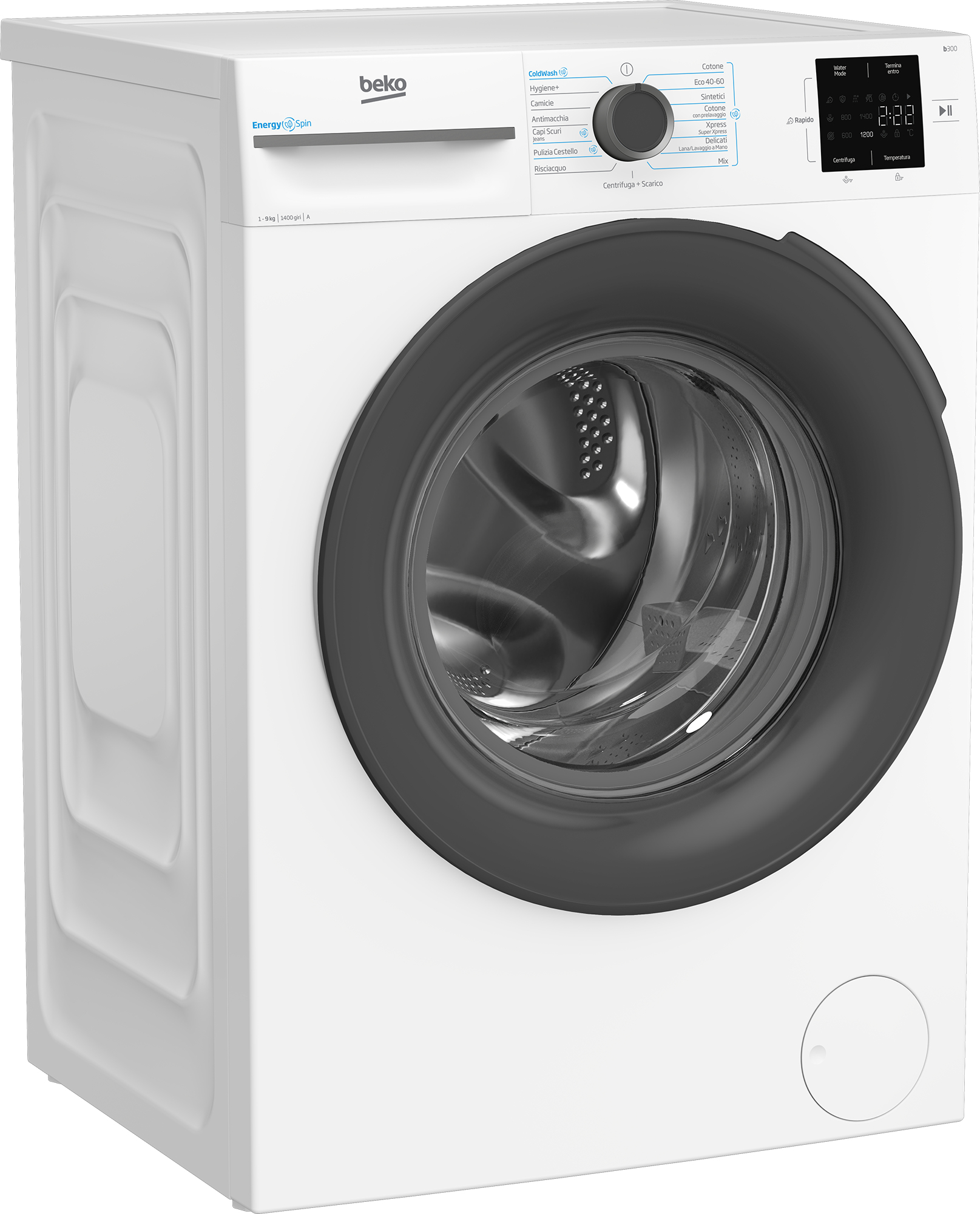Lavatrice Beko bianca, vista angolata. Porta nera, pannello di controllo. Sfondo bianco.