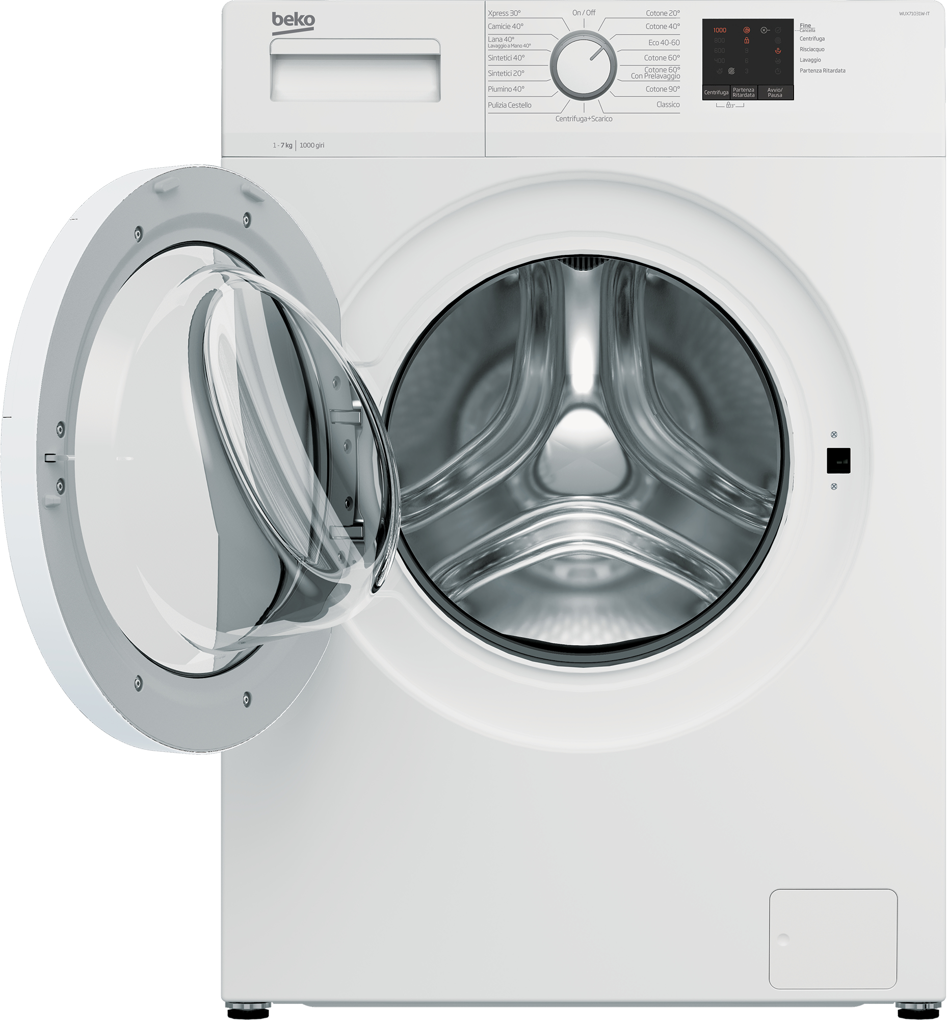 Una lavatrice Beko bianca con la porta aperta. L'interno del cestello è visibile.