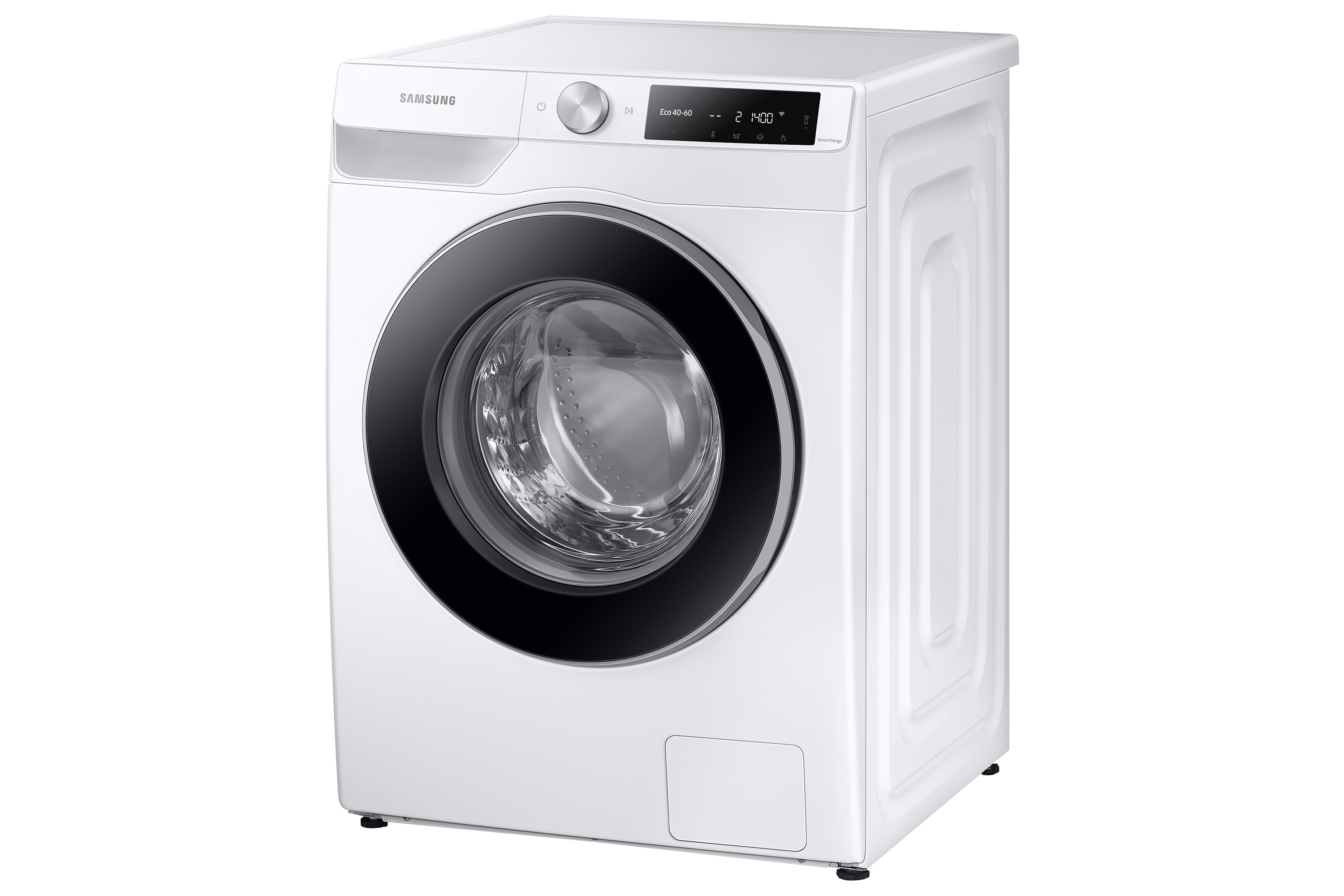 Lavatrice Samsung bianca con porta nera e pannello di controllo. Su sfondo bianco.