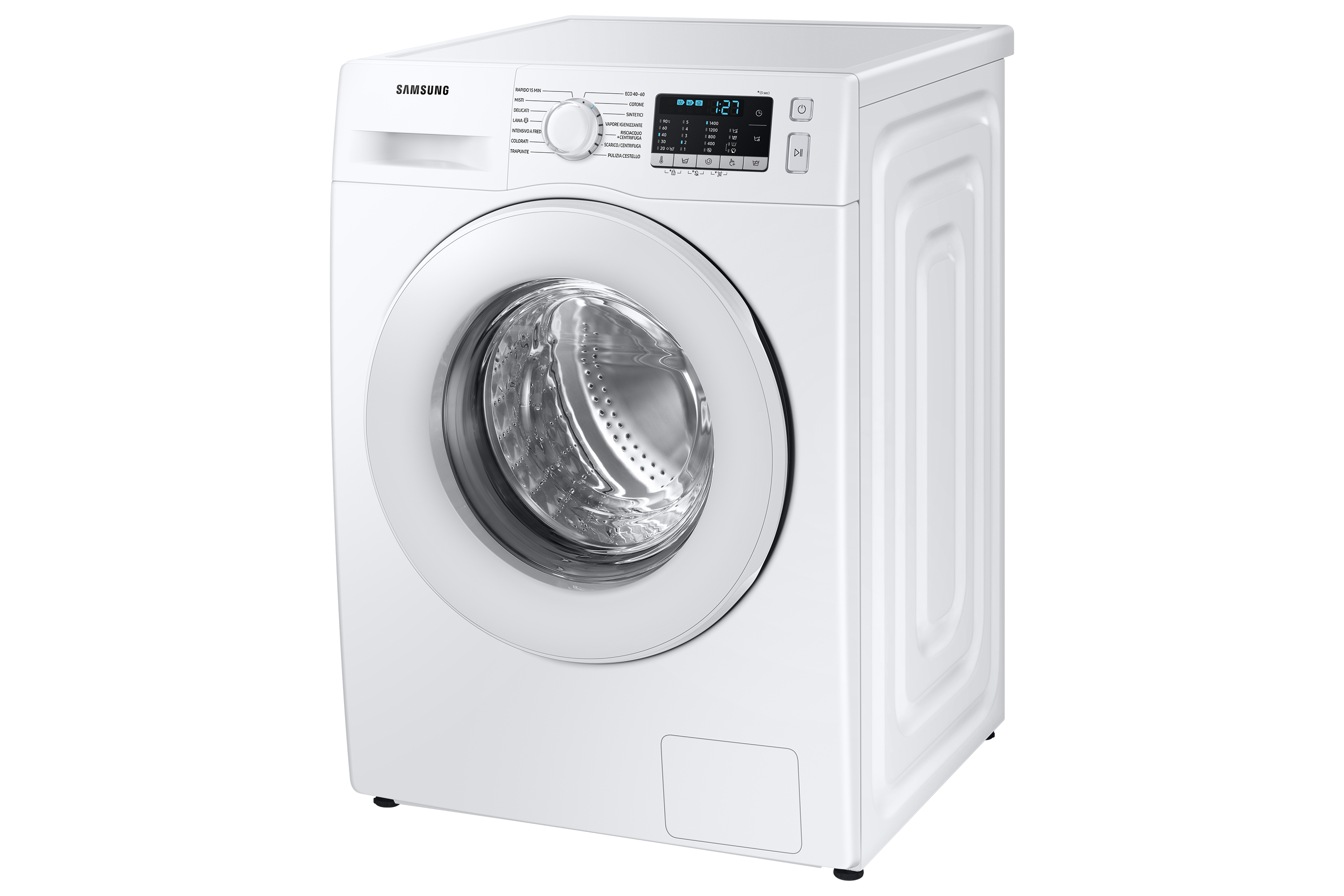 Lavatrice Samsung bianca, vista angolata. Mostra porta, pannello comandi e mobile bianco.