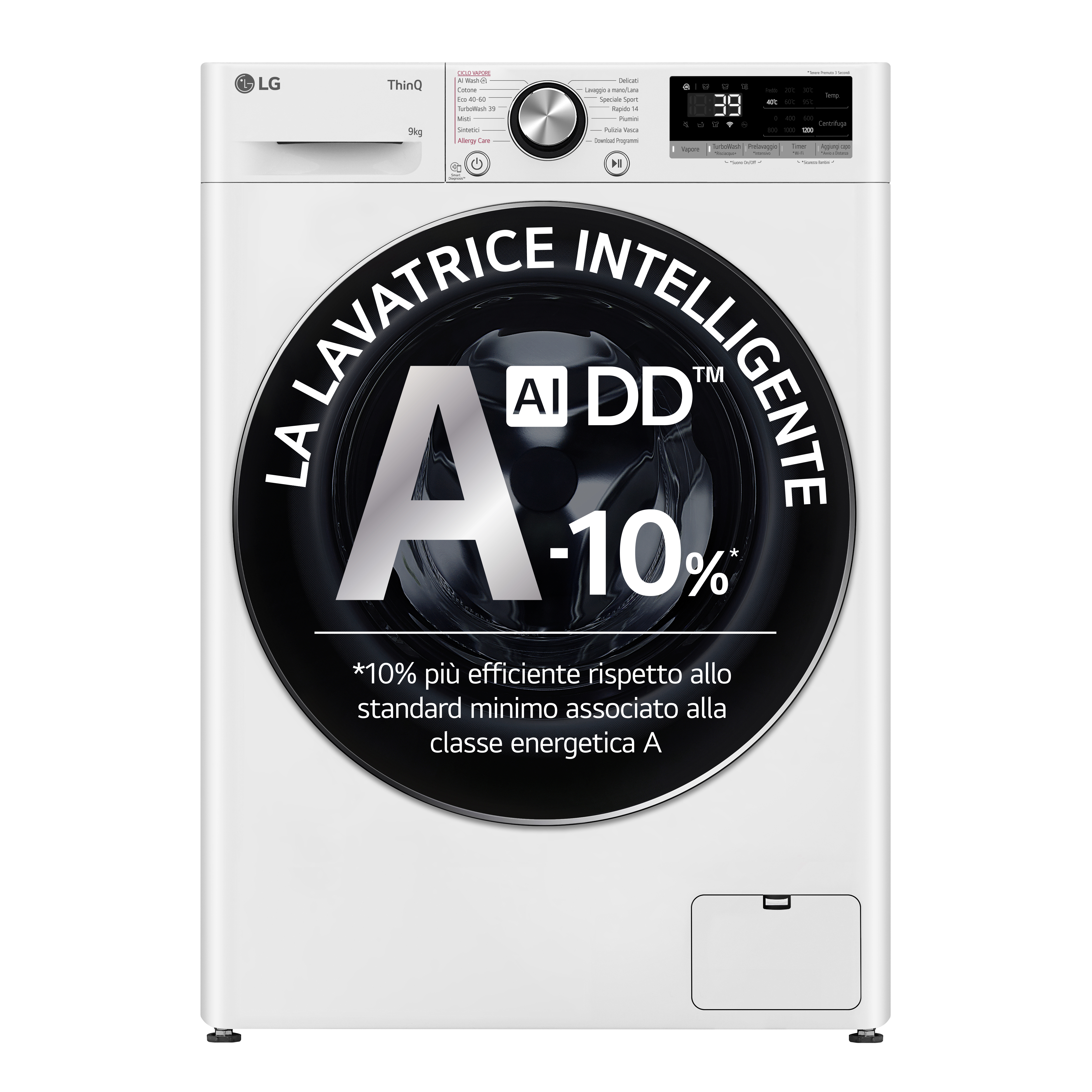 Lavatrice LG bianca con grande porta circolare. La macchina ha un display.
