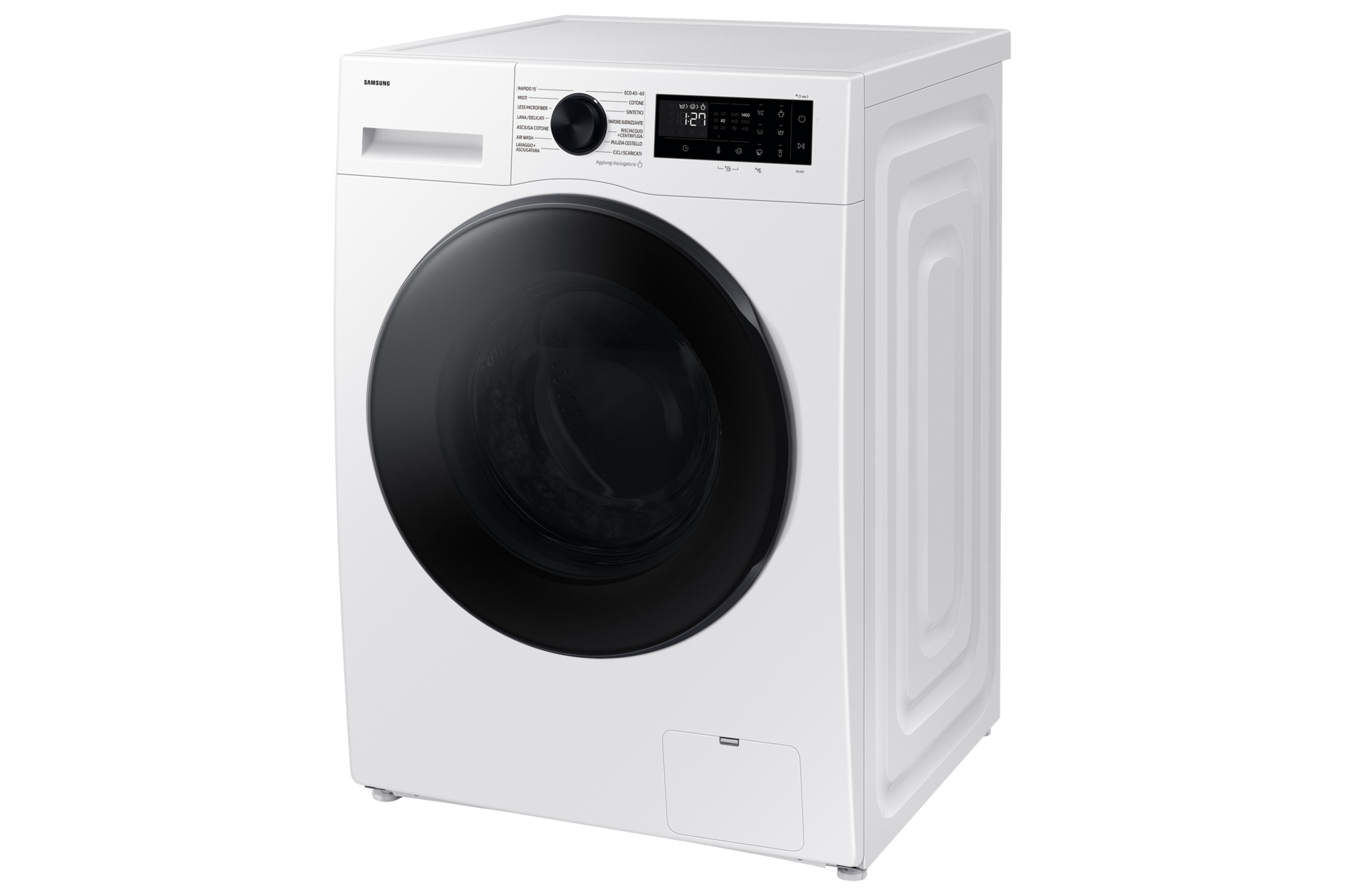 Weiße Waschmaschine mit Bedienfeld und geschlossener Tür.