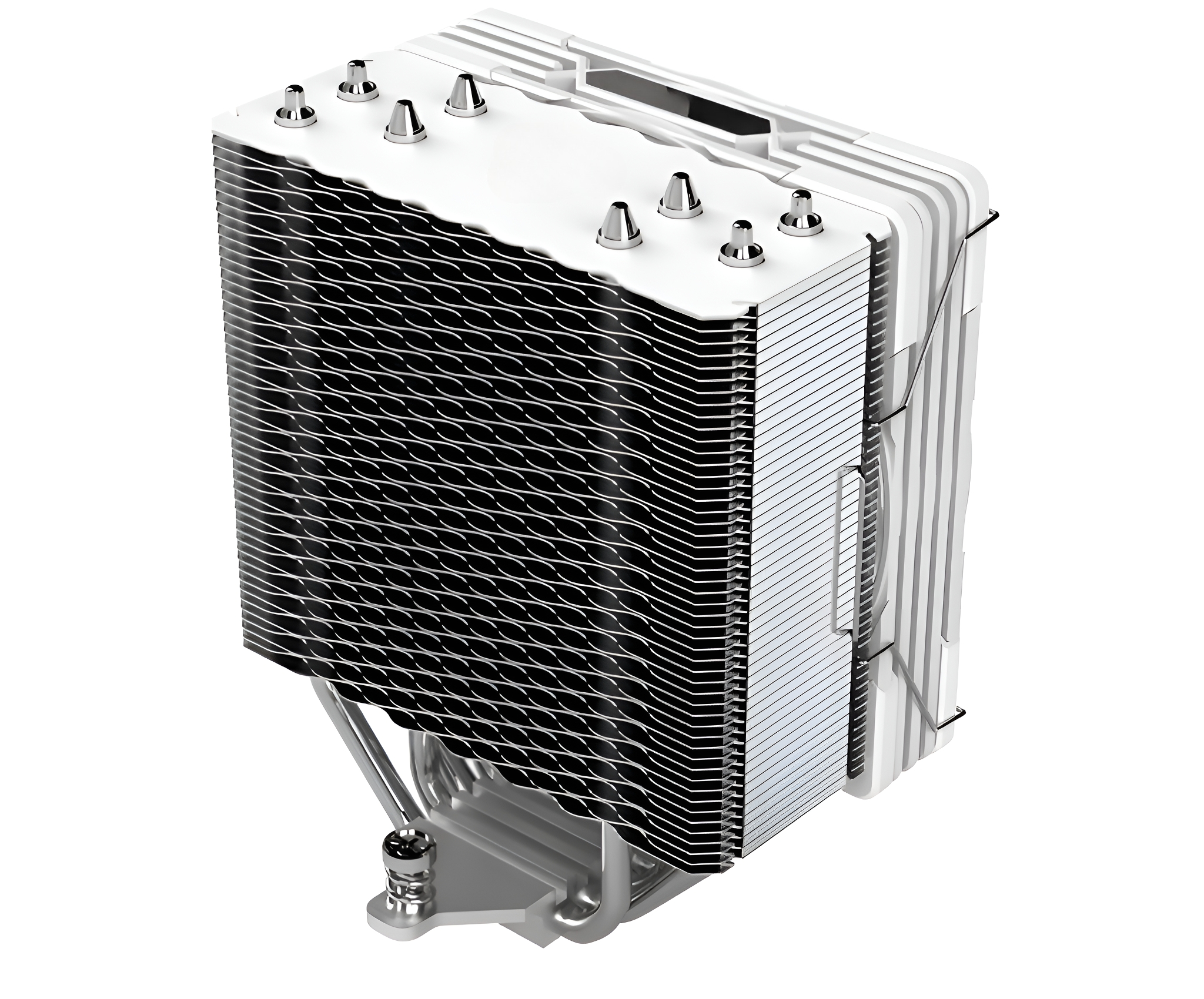 Ein weißer CPU-Kühler mit schwarzen Lamellen. Silberne Rohre sind sichtbar, vor weißem Hintergrund.