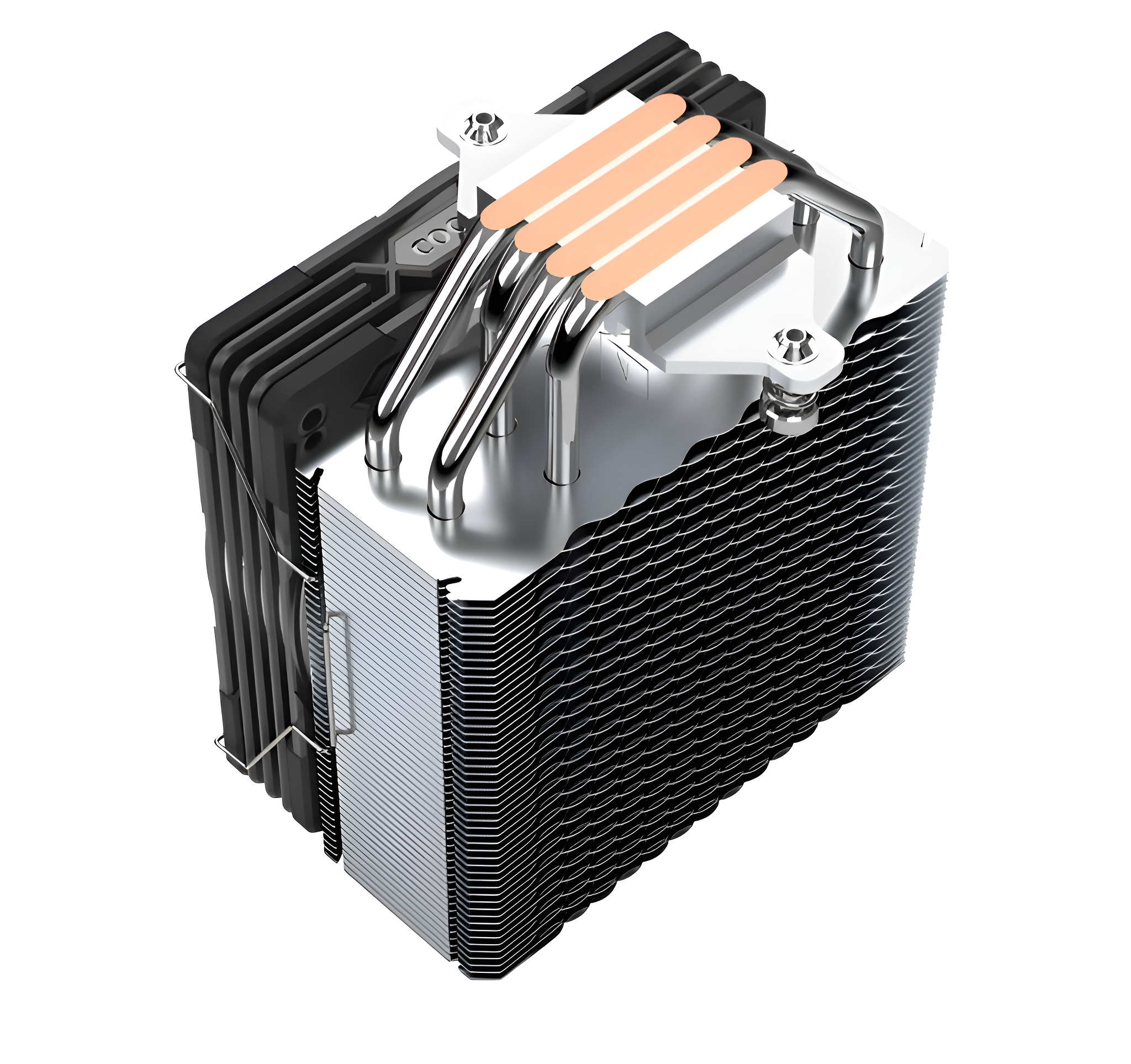 Ein CPU-Kühler mit Kupferrohren und Aluminiumlamellen. Der Kühler ist silber und schwarz.