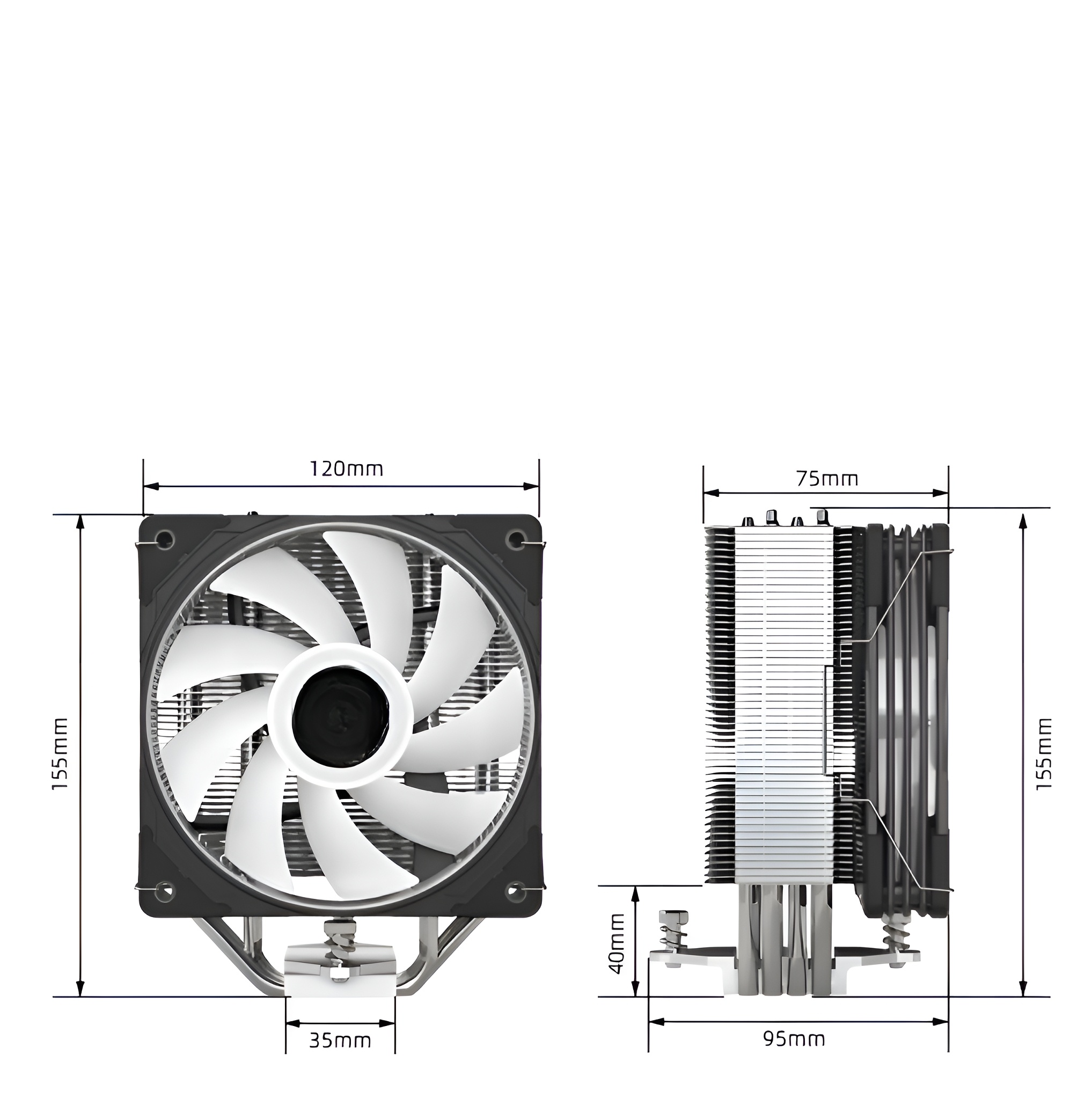 Diagramm eines CPU-Lüfters. Maße von 155x120x75mm sind sichtbar, mit 40mm Dicke.