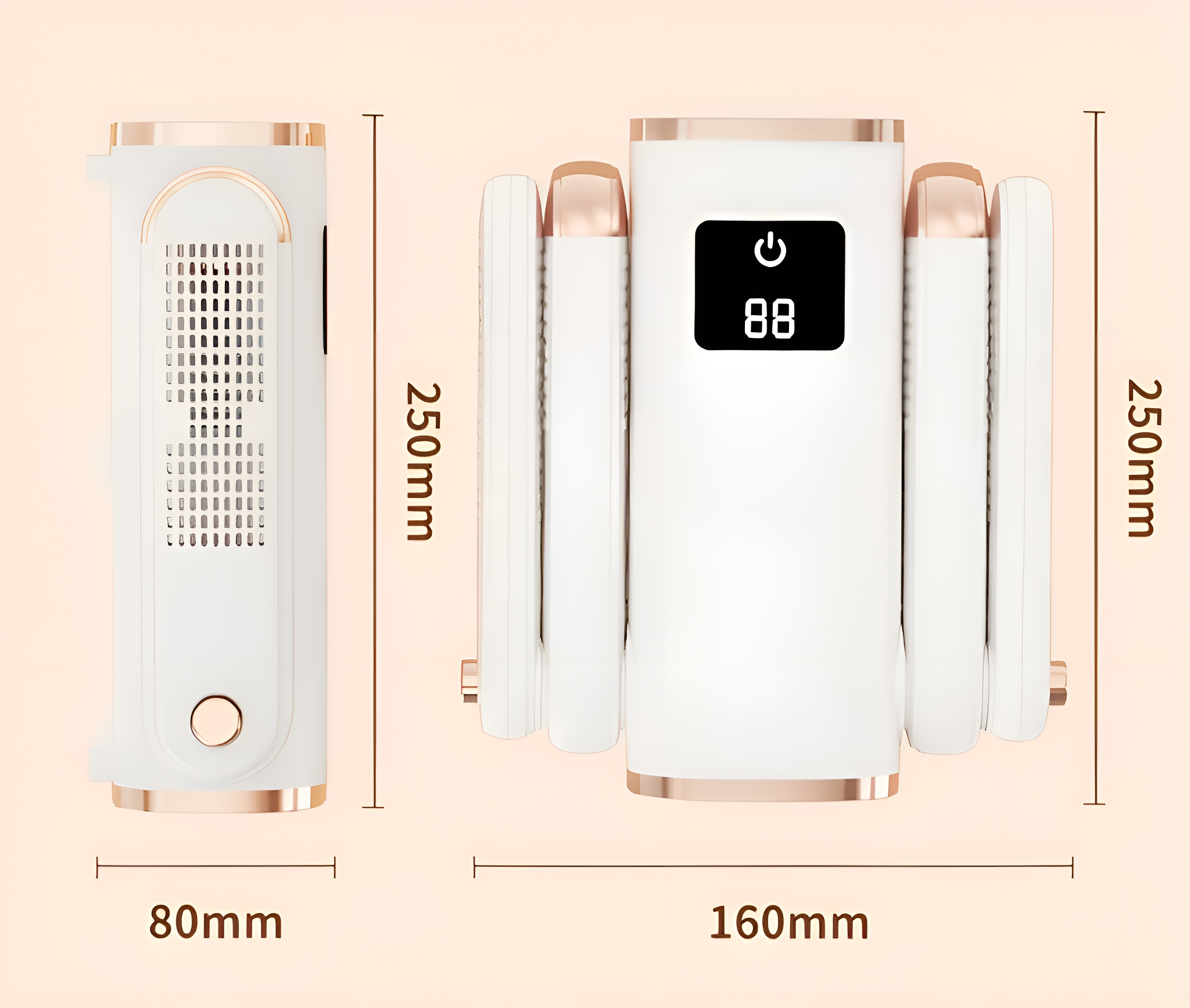 Eine weiße und roségoldene Trocknungsmaschine, aus zwei Blickwinkeln. Abmessungen sind in Millimetern angegeben.