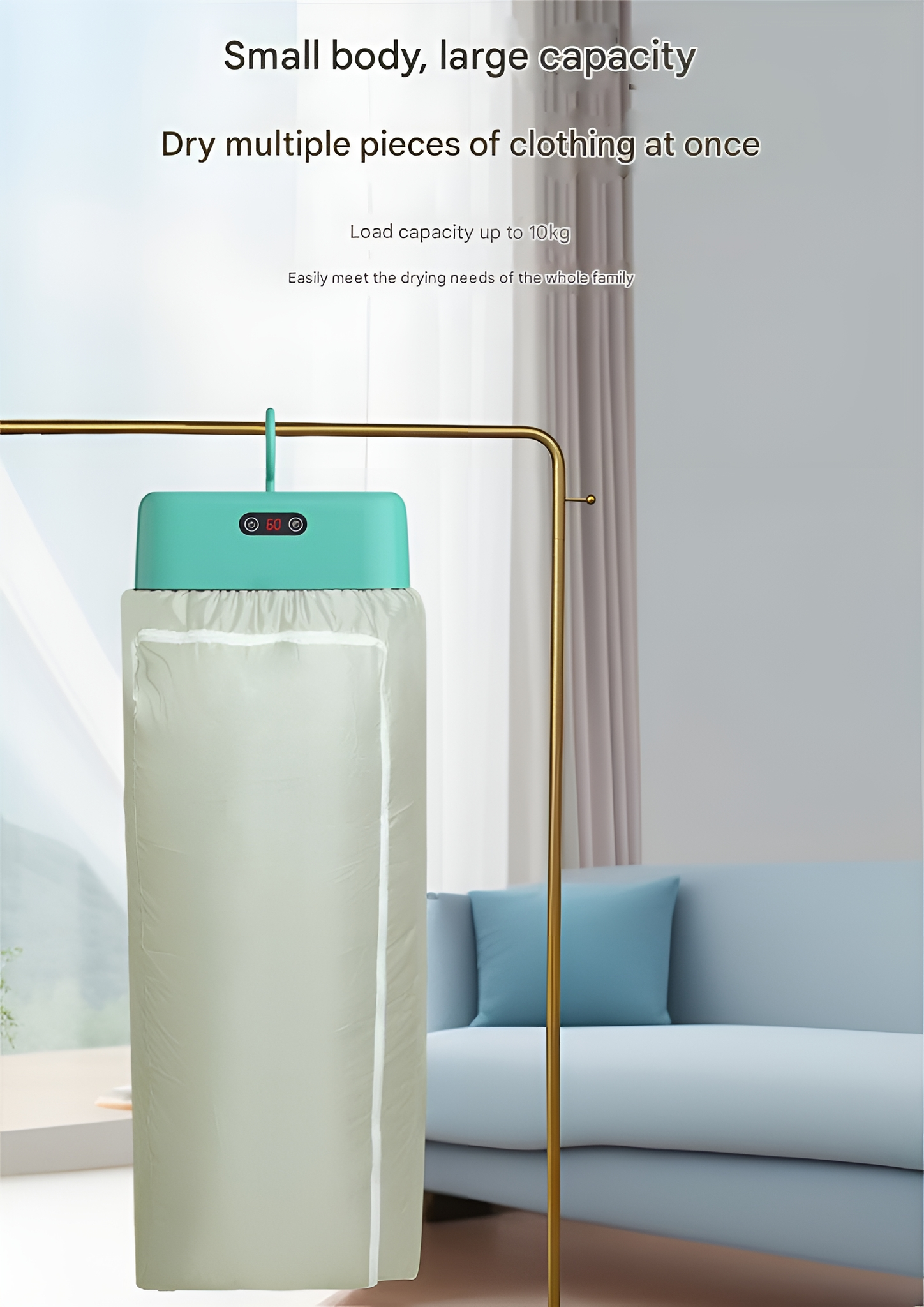 Kleidertrockner mit Kleidung darin. Der Hintergrund ist ein Raum mit goldenen Stangen und einem blauen Sofa.