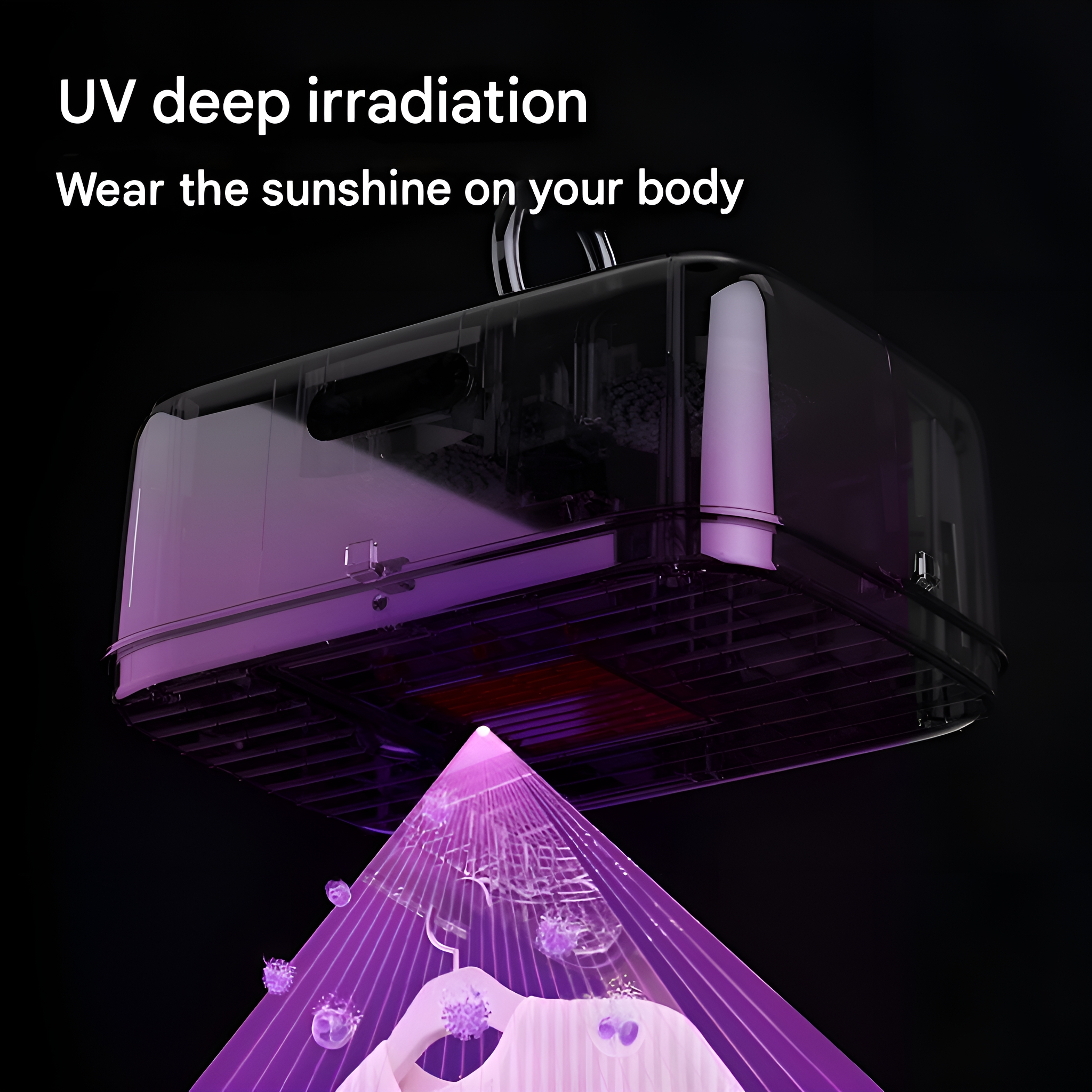 Ein UV-Licht-Sterilisator mit violettem Schein und Text über UV-Tiefenbestrahlung.