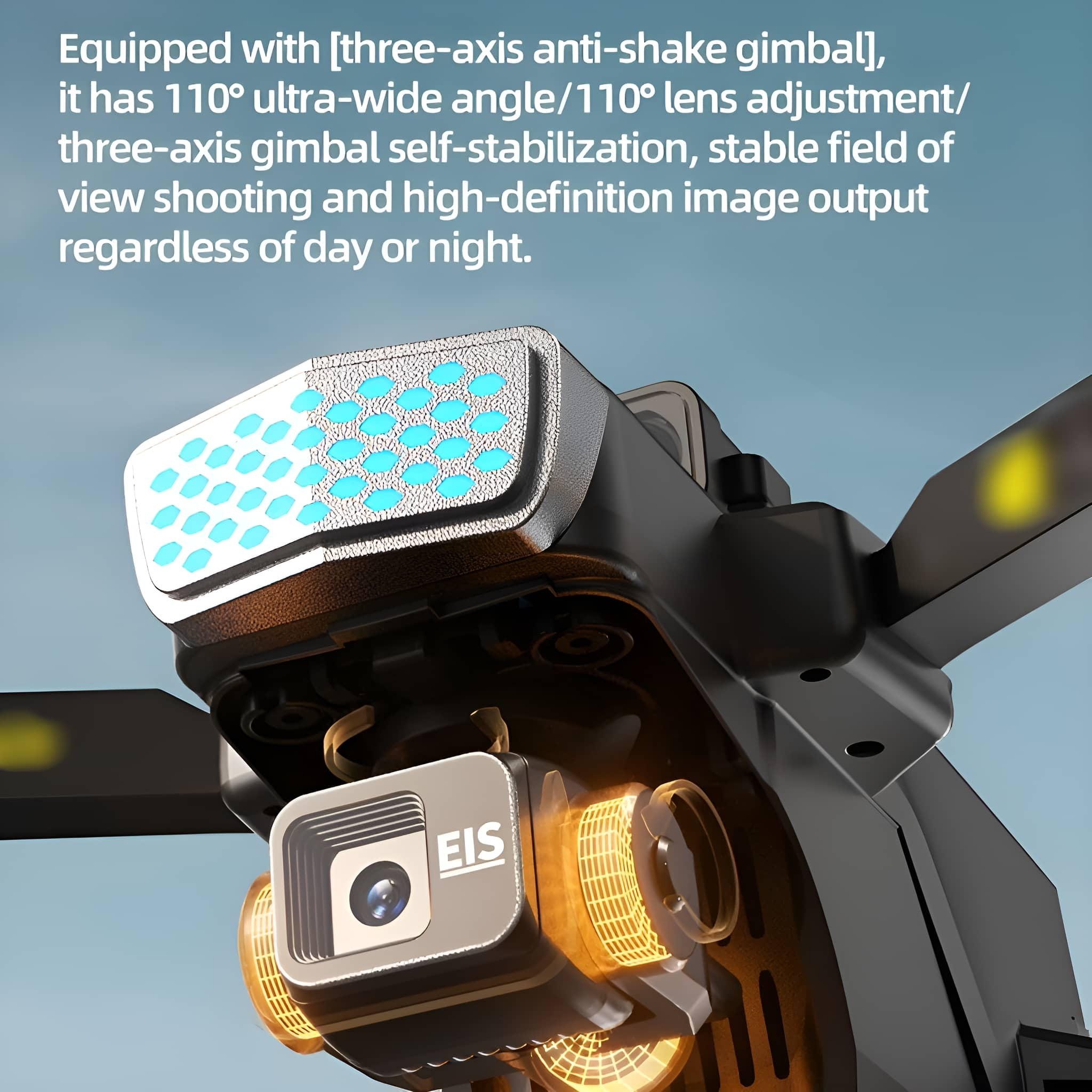 Drohnenkamera mit Gimbal. Text erwähnt Ultraweitwinkel- und Bildstabilisierungsfunktionen.