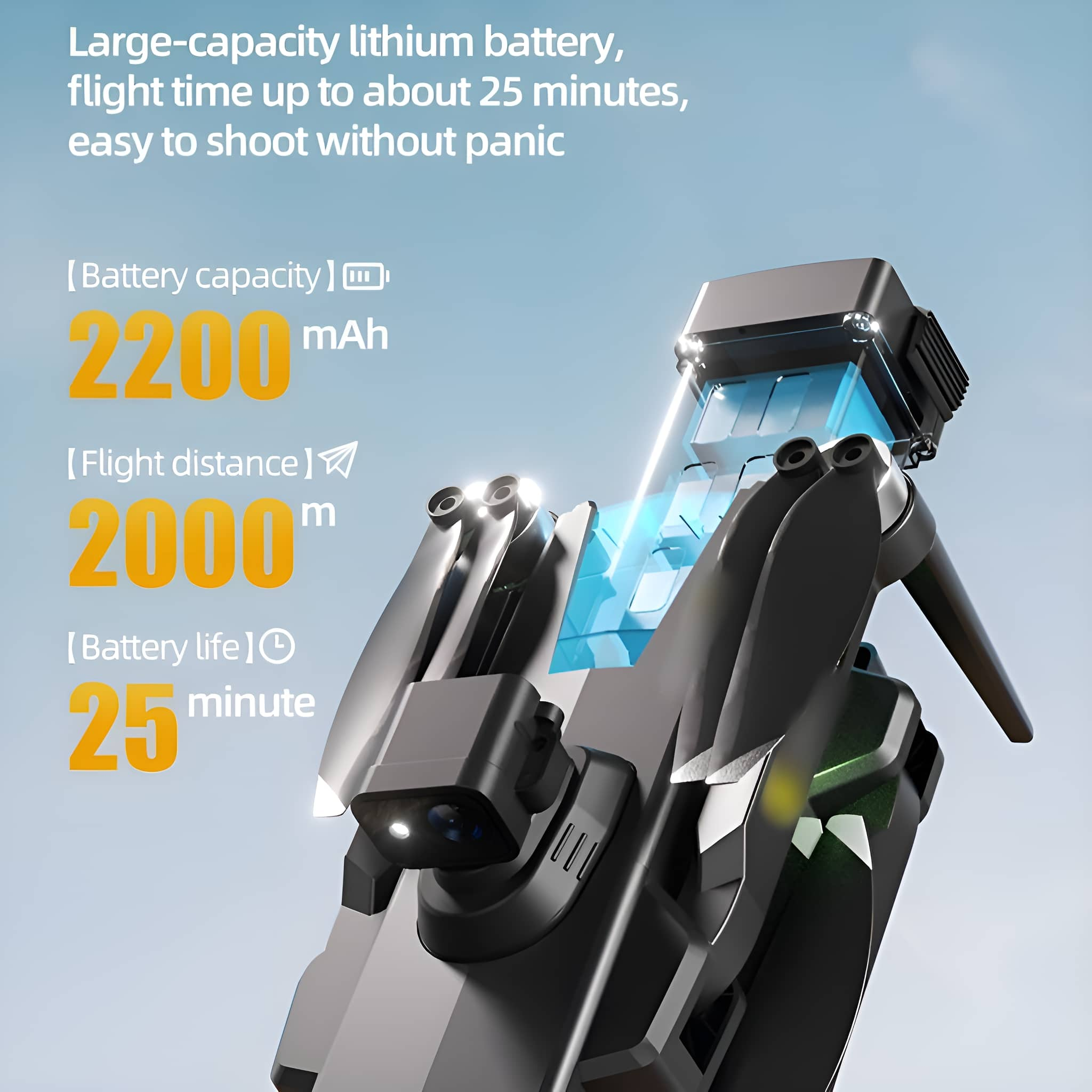 Schwarze Drohne mit Spezifikationen: 2200mAh Akku, 2000m Flugentfernung, 25min Flugzeit.