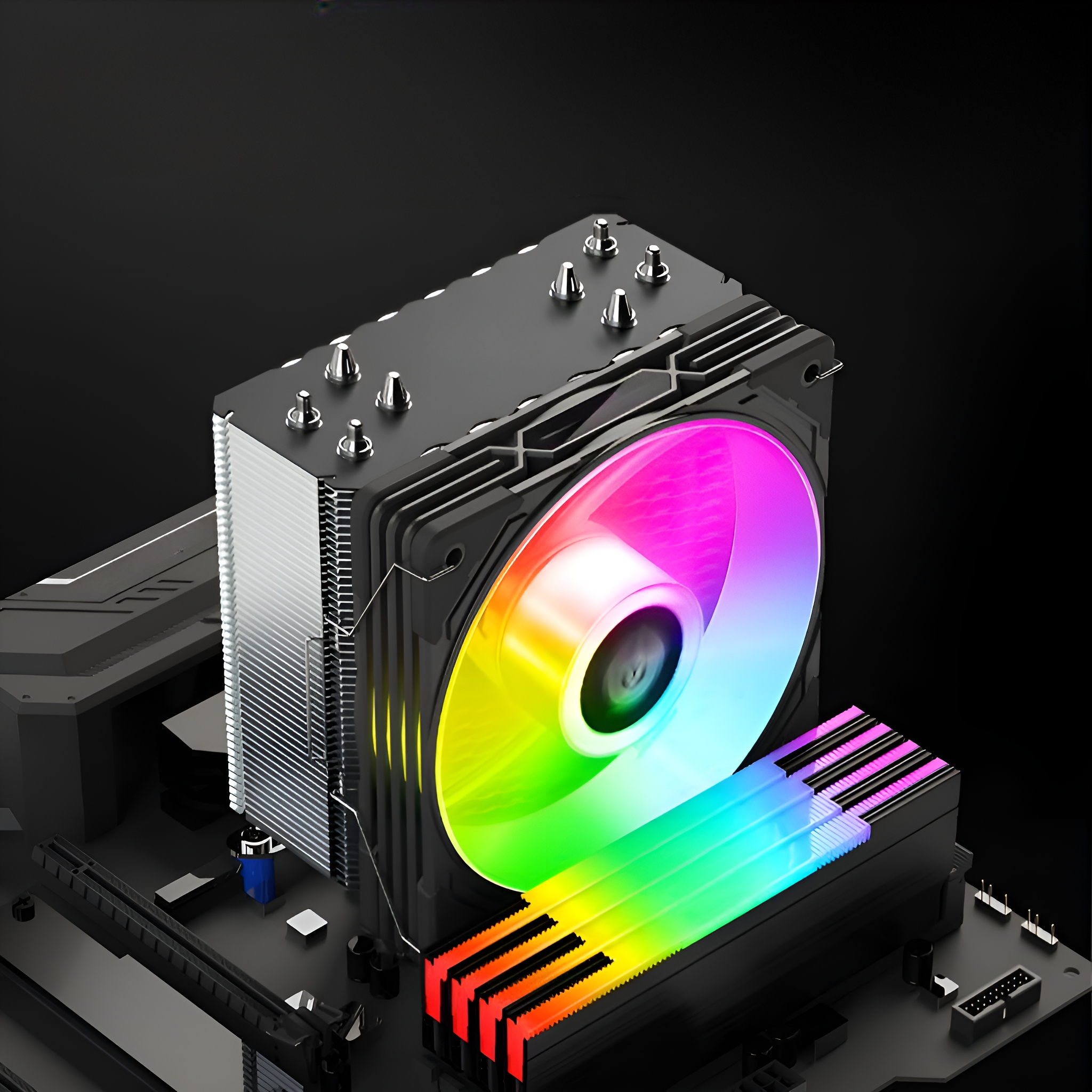 CPU-Kühler mit mehrfarbigem Lüfter und schwarzem Kühlkörper.
