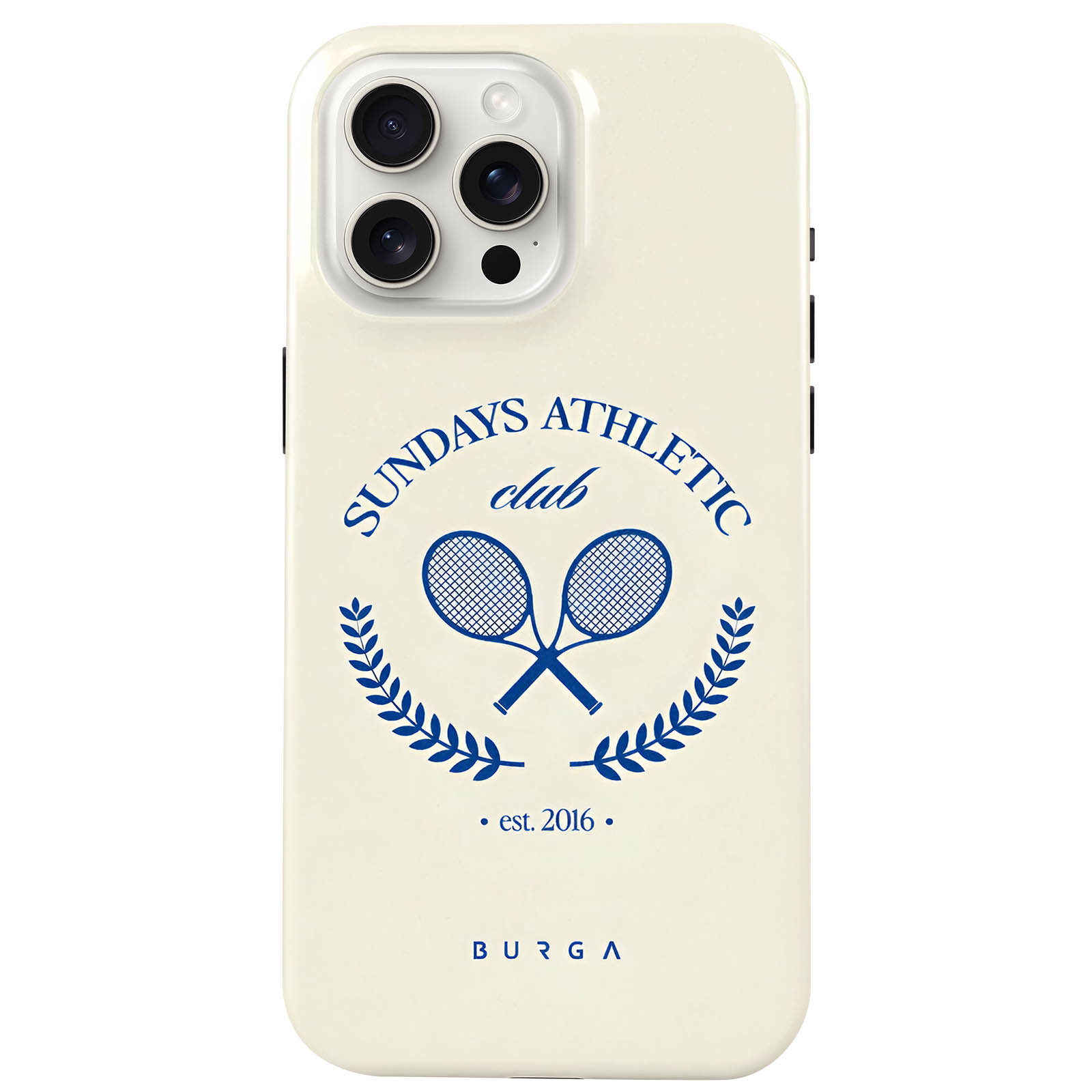 Cremefarbenes Handycase mit Tennisschläger-Grafik und Text. Der Text lautet 'SUNDAYS ATHLETIC club'.
