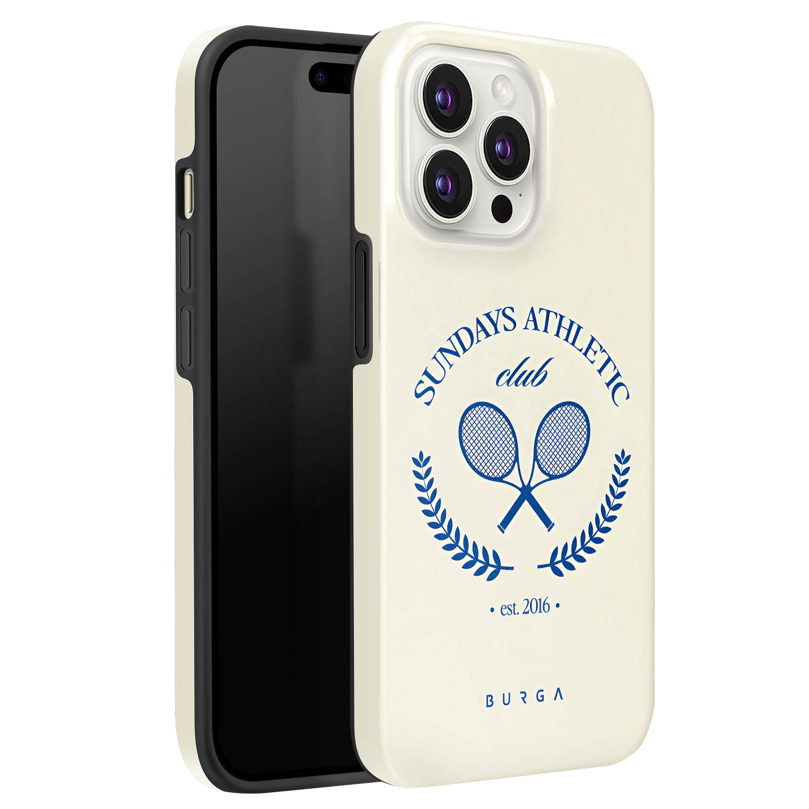 Cremefarbenes Handycase mit blauem Tennisclub-Logo und schwarzem Rand. Weißer Hintergrund.