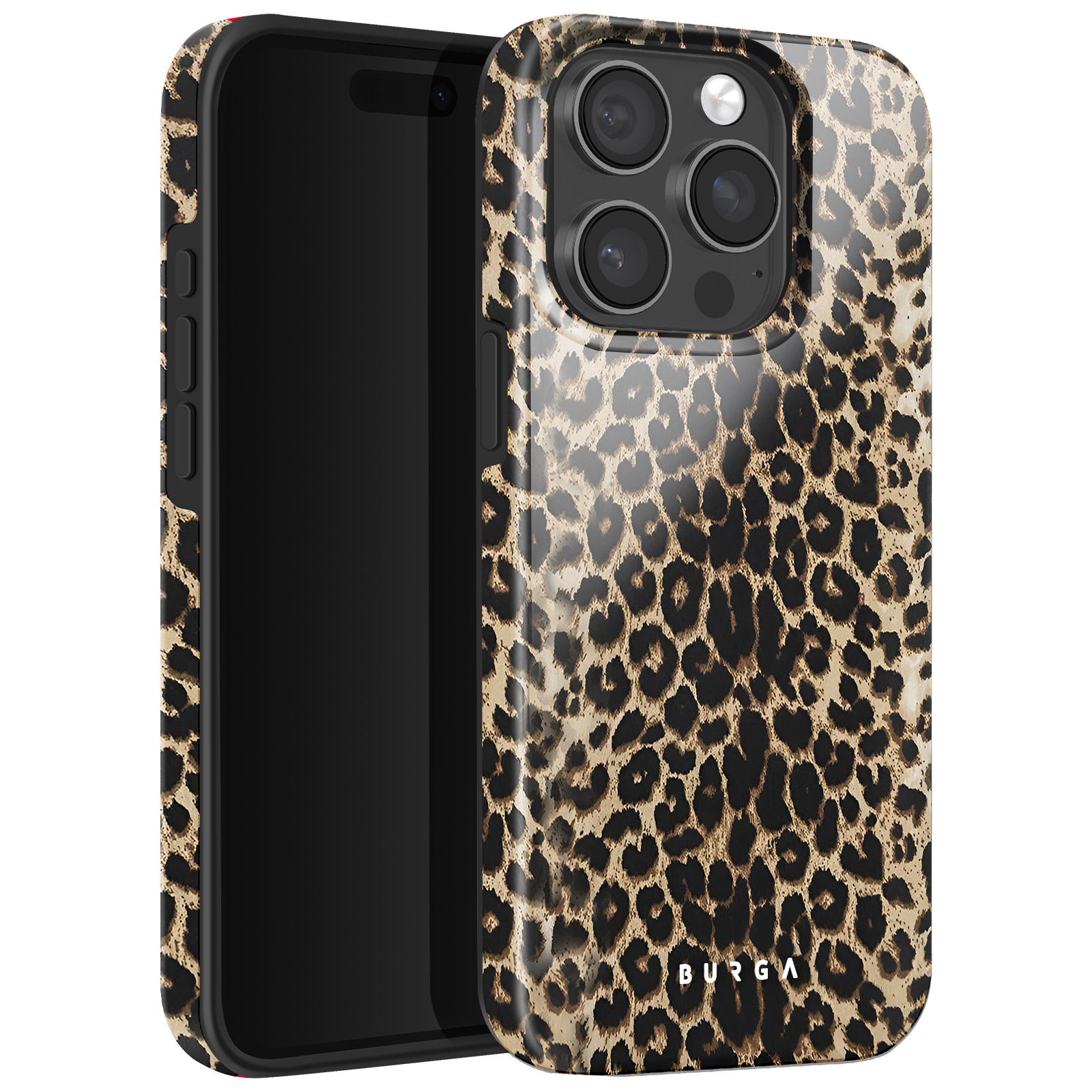 Telefoonhoesje met luipaardprint met een zwarte telefoon. De hoes heeft een glanzende afwerking en een uitsparing voor een drievoudige camera.