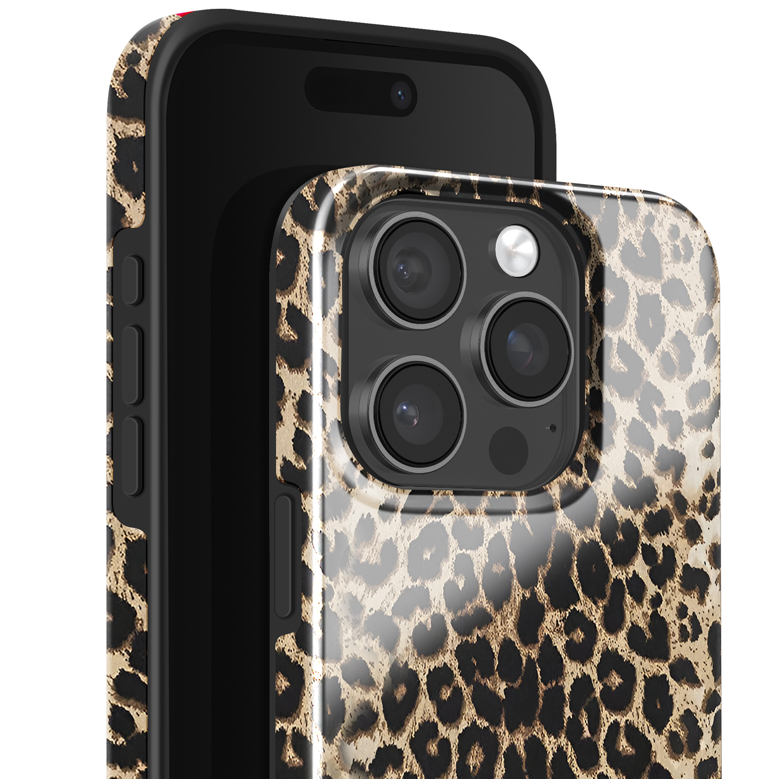 Een smartphone met een luipaardprint hoesje, met de cameralenzen zichtbaar.