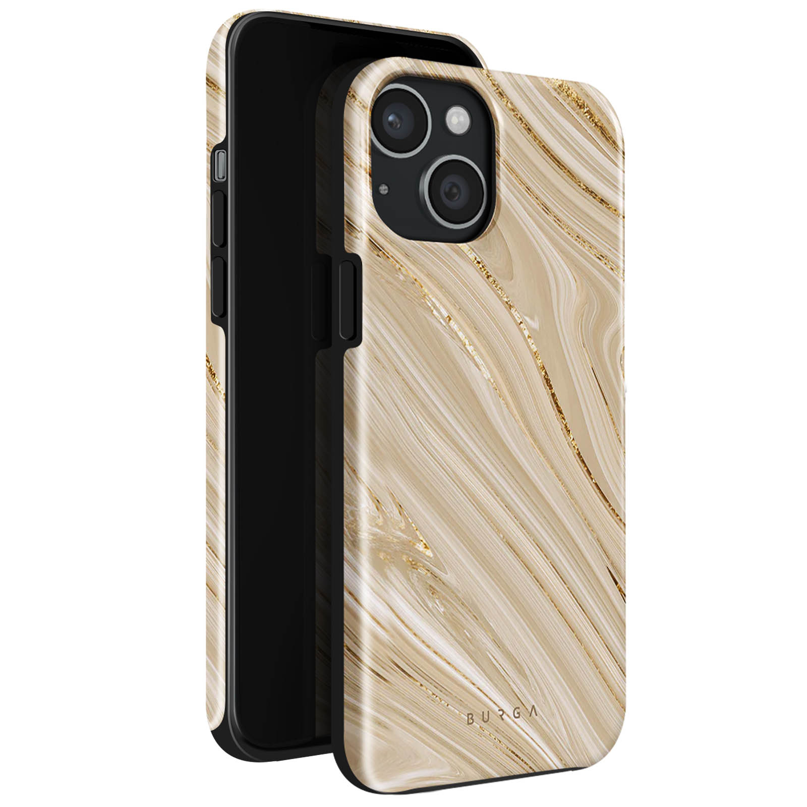 Phone case with a marble design. Gold accents and a black border. White background.