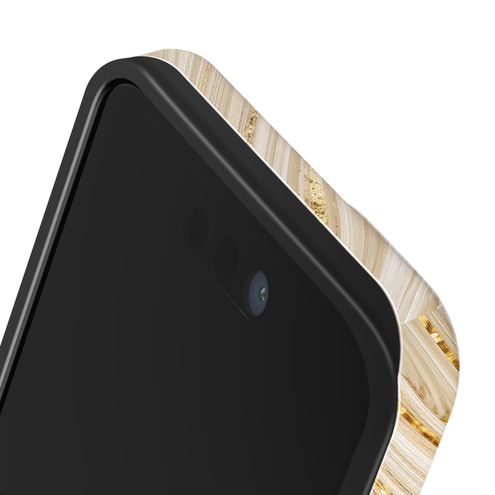 Gros plan sur le coin d'un téléphone avec texture de grain de bois et écran noir.