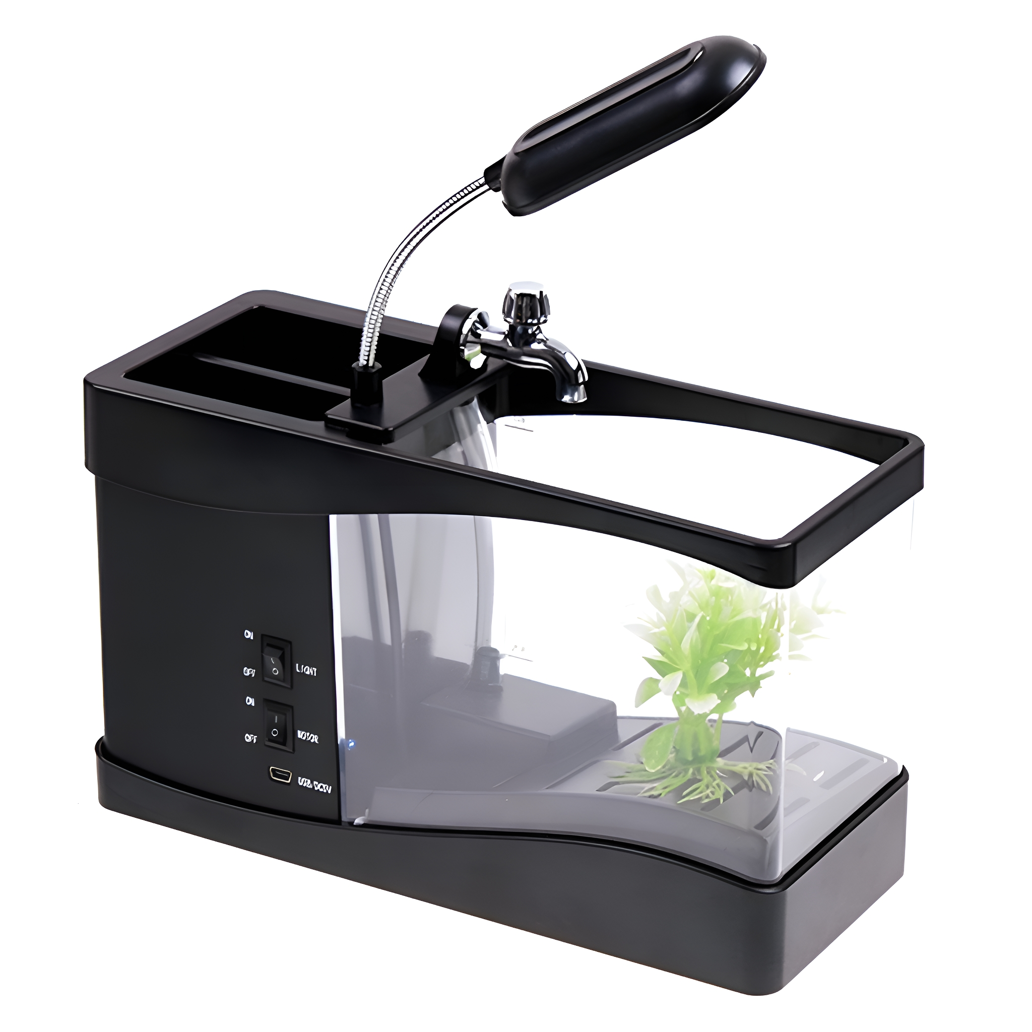 Ein schwarz-weißes aquariumförmiges Gerät mit einem flexiblen Licht und einer Pflanze darin.