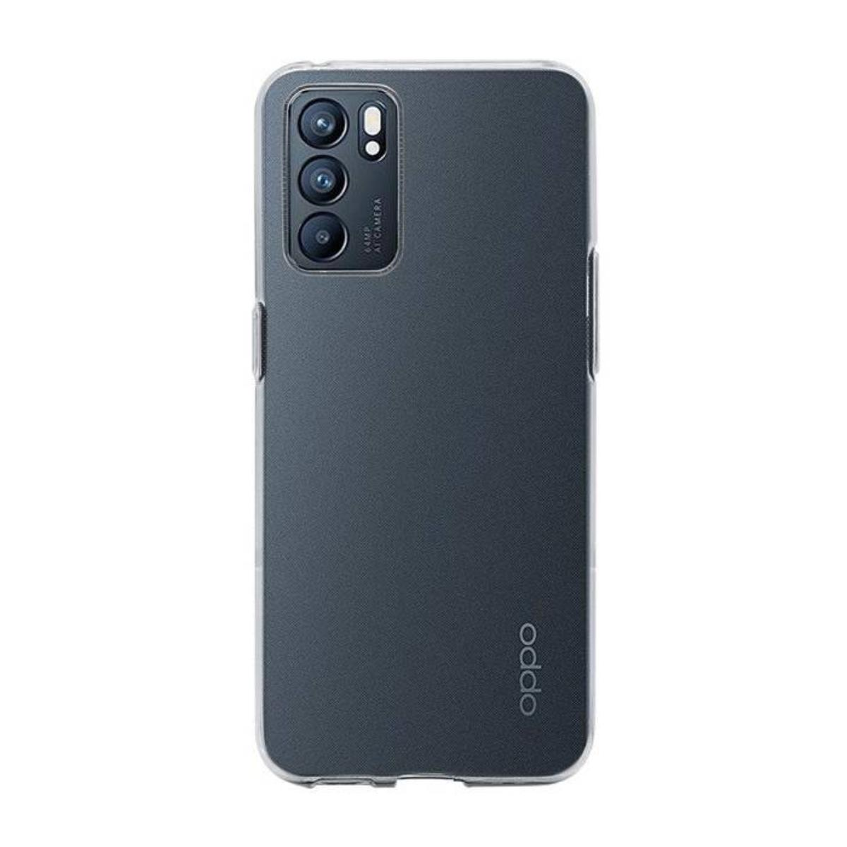 Custodia telefono grigio scuro con lenti fotocamera e logo Oppo, sfondo bianco.