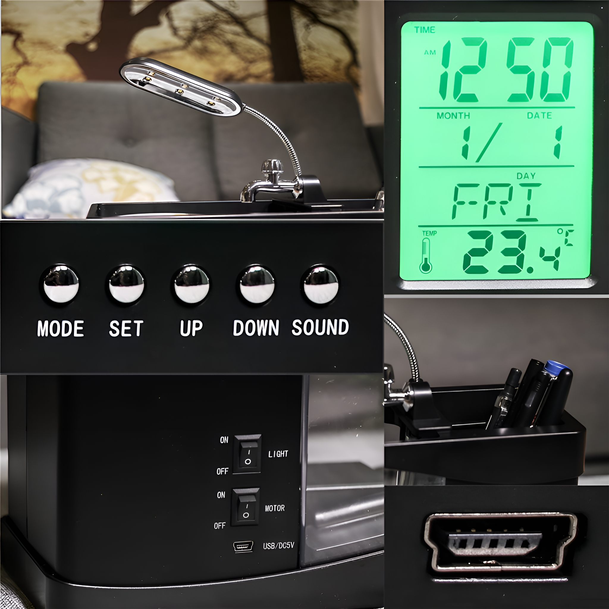 Ein Schreibtisch-Organizer mit Uhr, Lampe und USB-Anschluss, der verschiedene Komponenten zeigt.