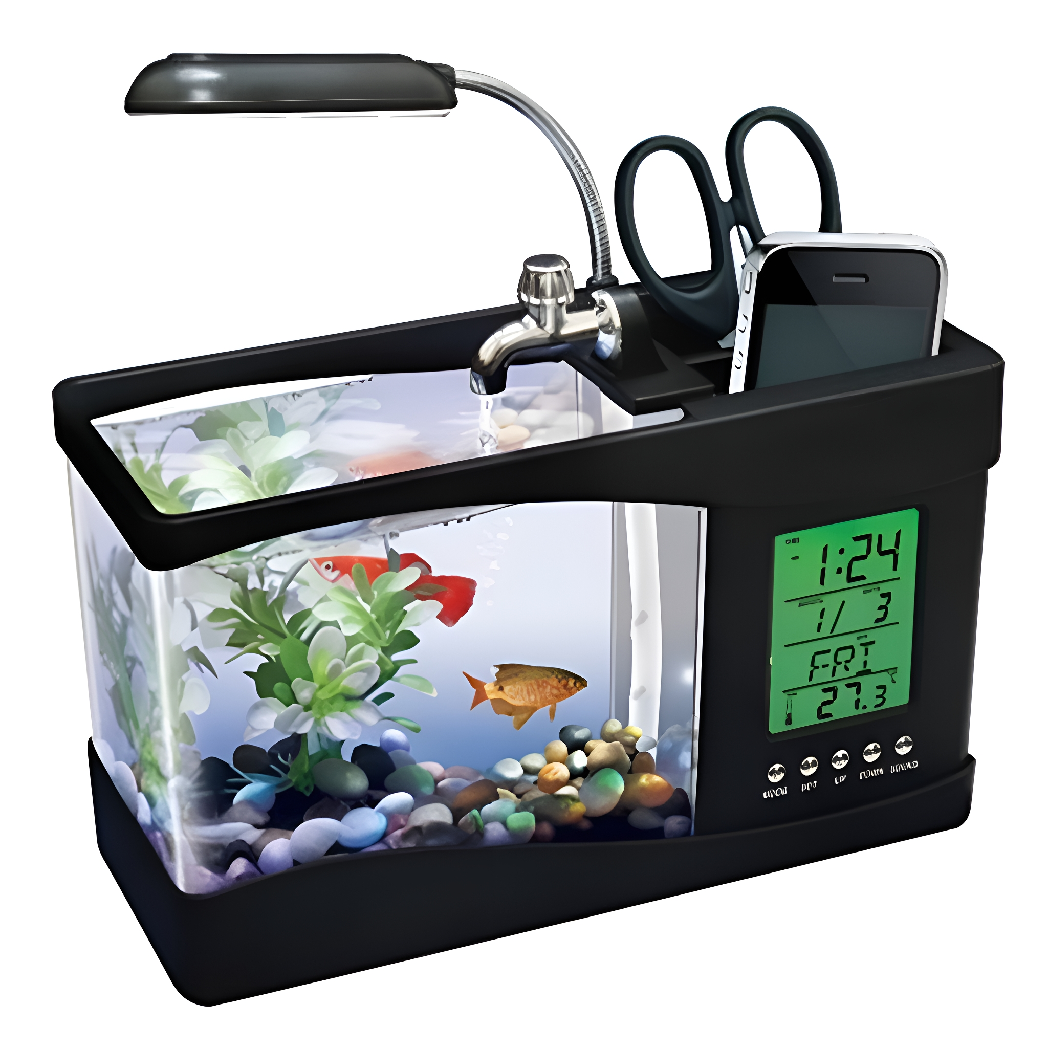 Schwarzer Schreibtisch-Organizer mit Aquarium, Uhr, Schere, Telefon und Licht.
