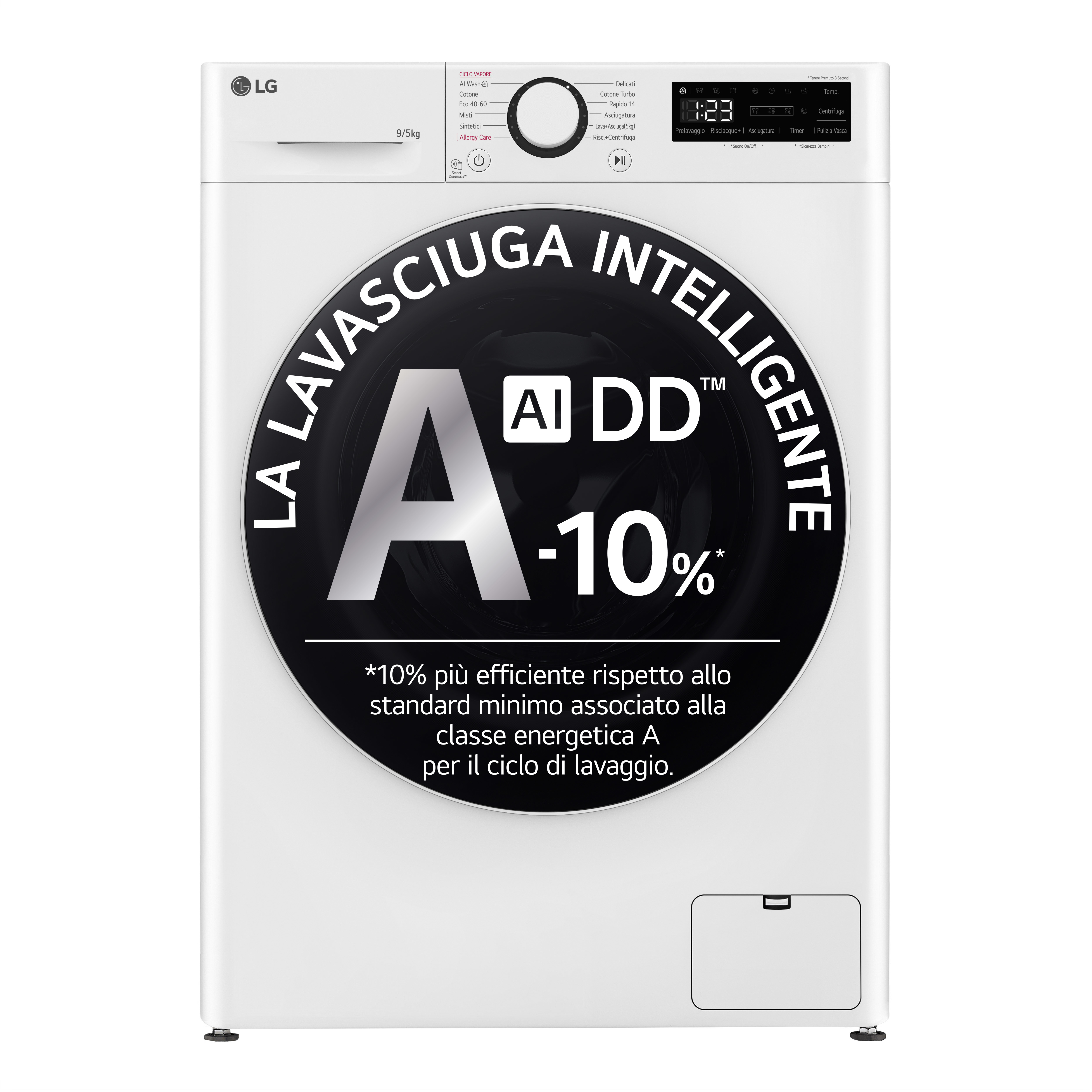 Lave-linge LG blanc. Étiquette A. Fond blanc.