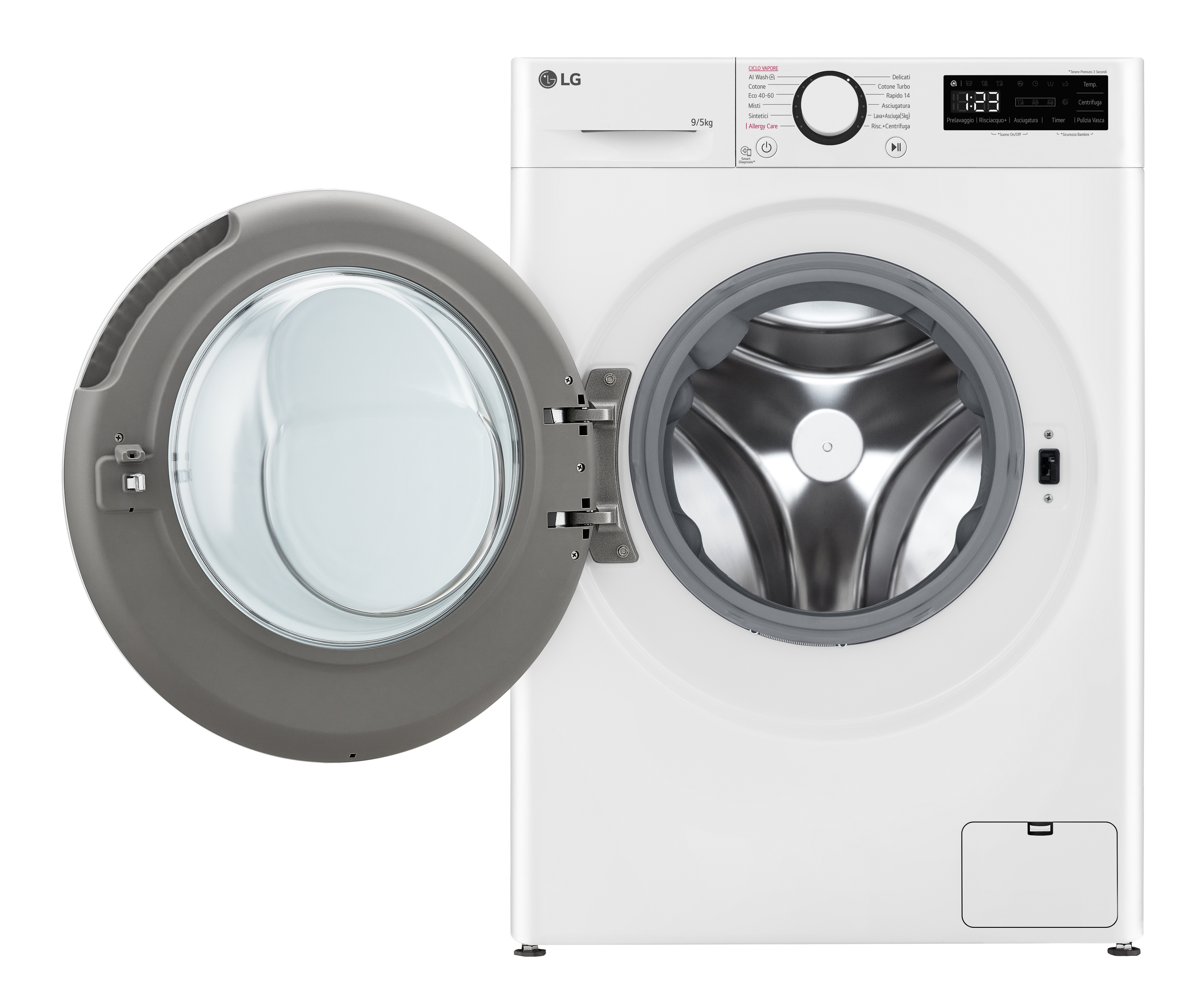 Lave-linge LG blanc avec porte ouverte révélant le tambour, un panneau de commande en haut.