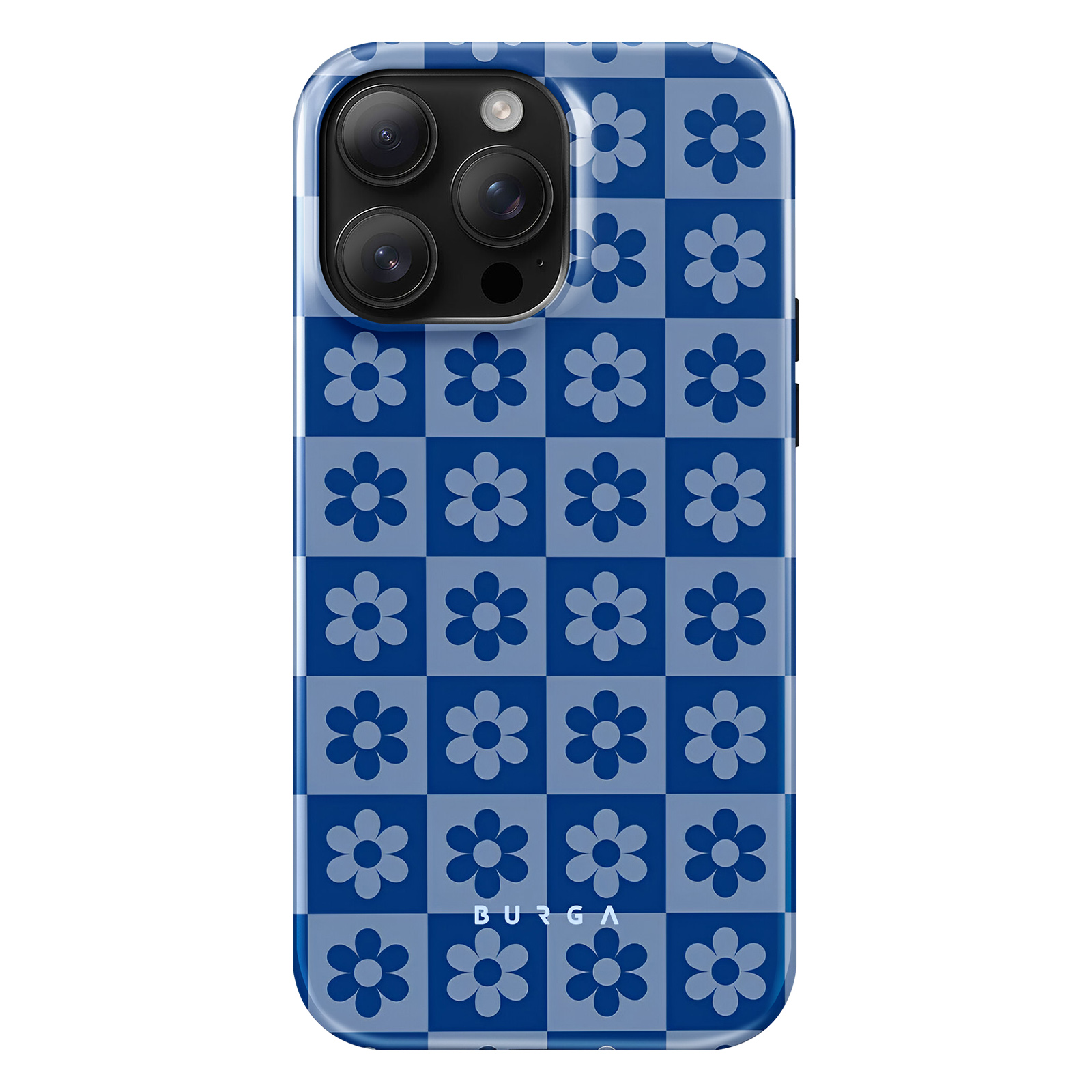 Blaue Blumen-Handyhülle auf weißem Hintergrund. Die Hülle hat drei Kameras.