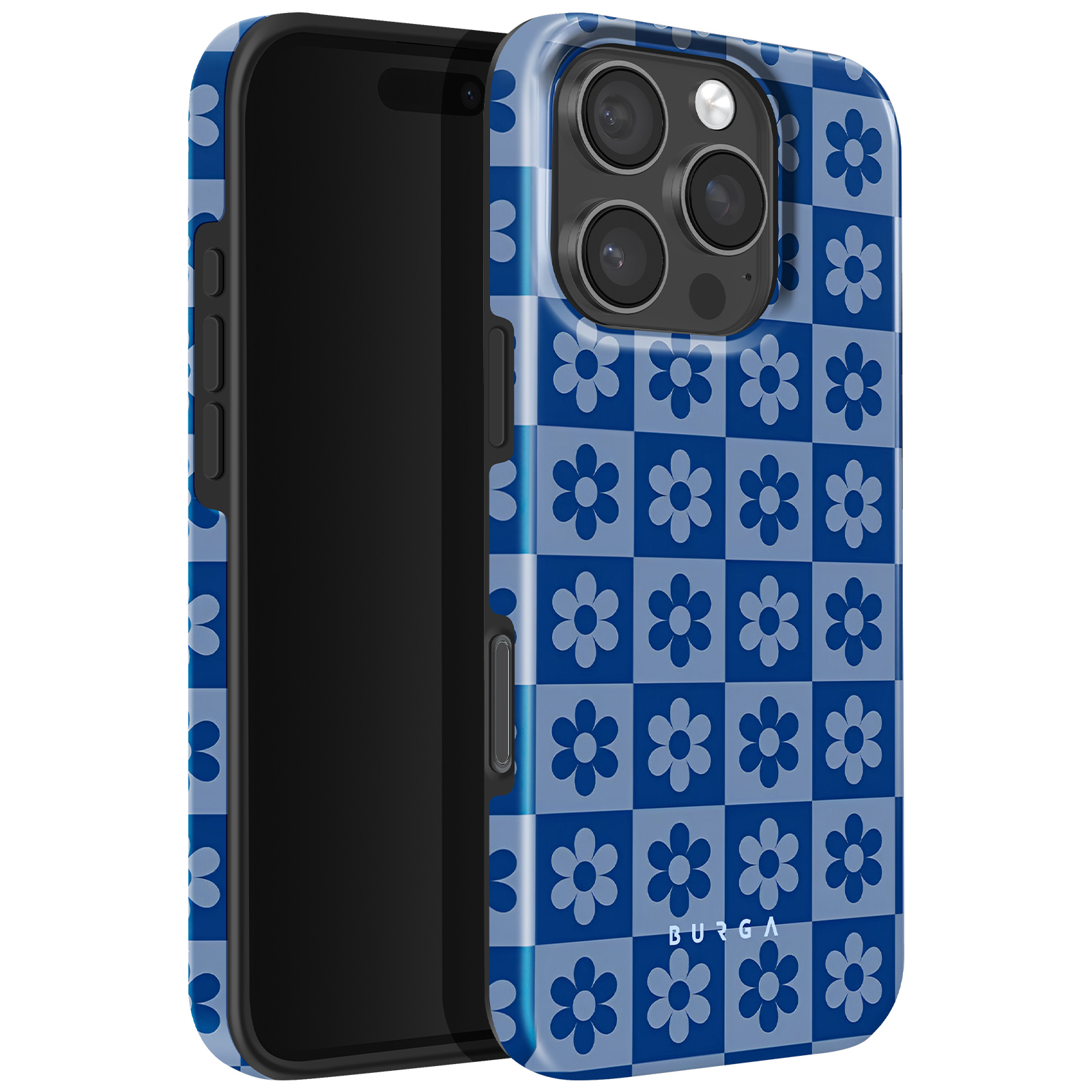 Ein Telefon in einer blauen Blumenhülle, das ein kariertes Blumenmuster und ein Kameramodul zeigt.