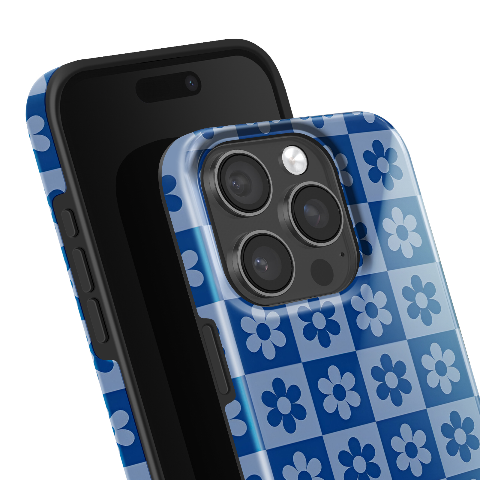 Ein Telefon mit einer blauen floralen Hülle. Das Telefon ist schwarz, die Hülle hat blaue Blumen.