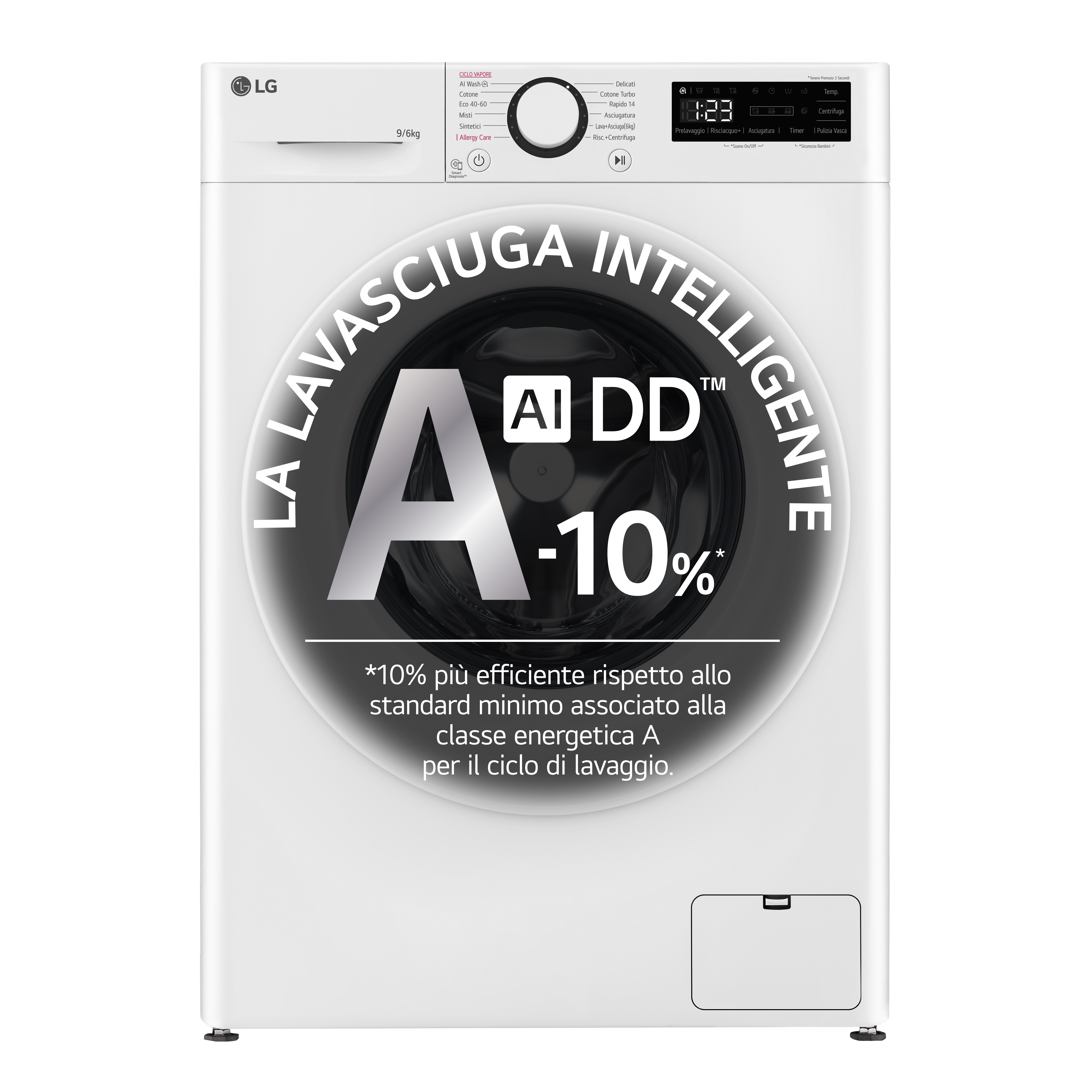 Lavatrice con una grande etichetta. L'etichetta ha una grande A e un simbolo -10%. Macchina bianca su sfondo bianco.