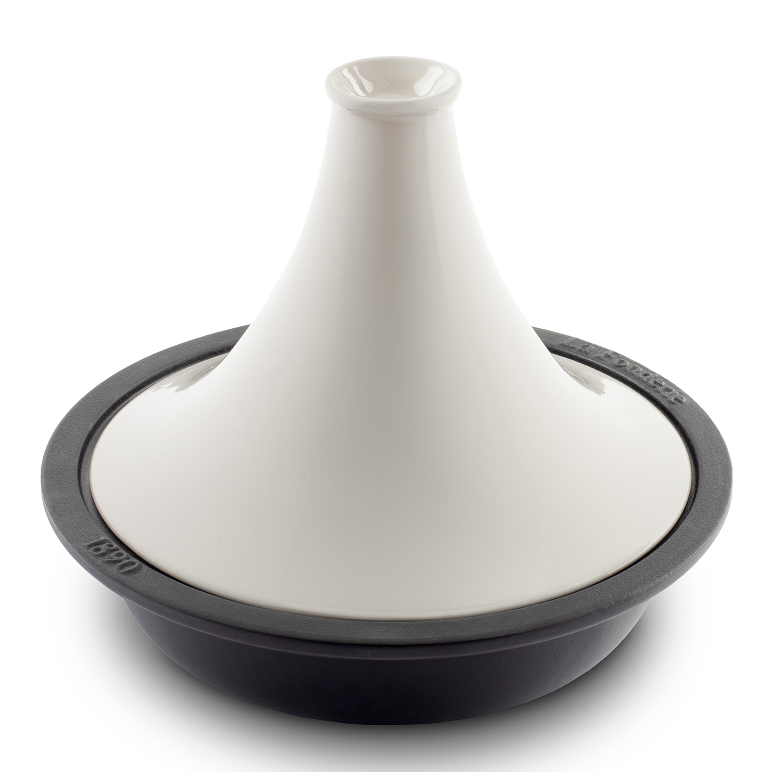 Pentola bianca e nera. Ha un coperchio bianco e una base nera. Il coperchio è un cono bianco.