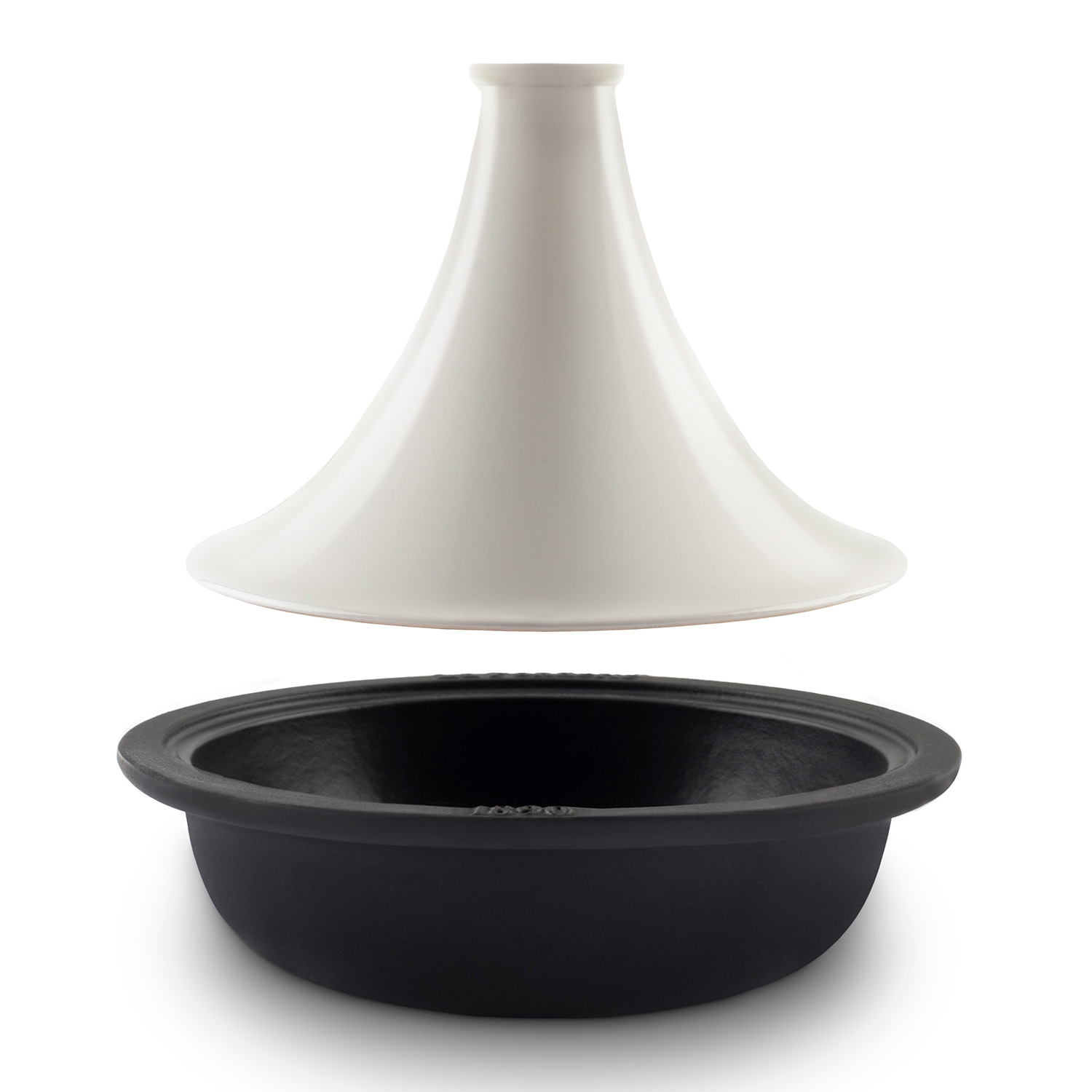 Pentola tagine bianca e nera, con coperchio e base separati.
