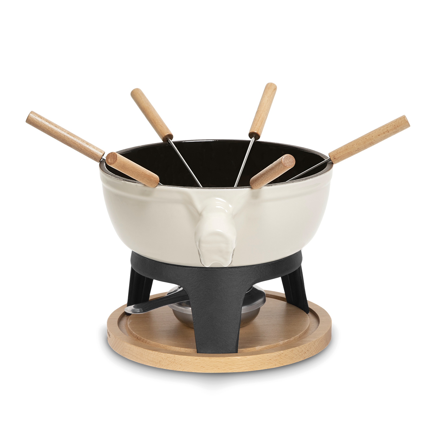 Set per fonduta con pentola color crema, manici in legno e base rotonda in legno.