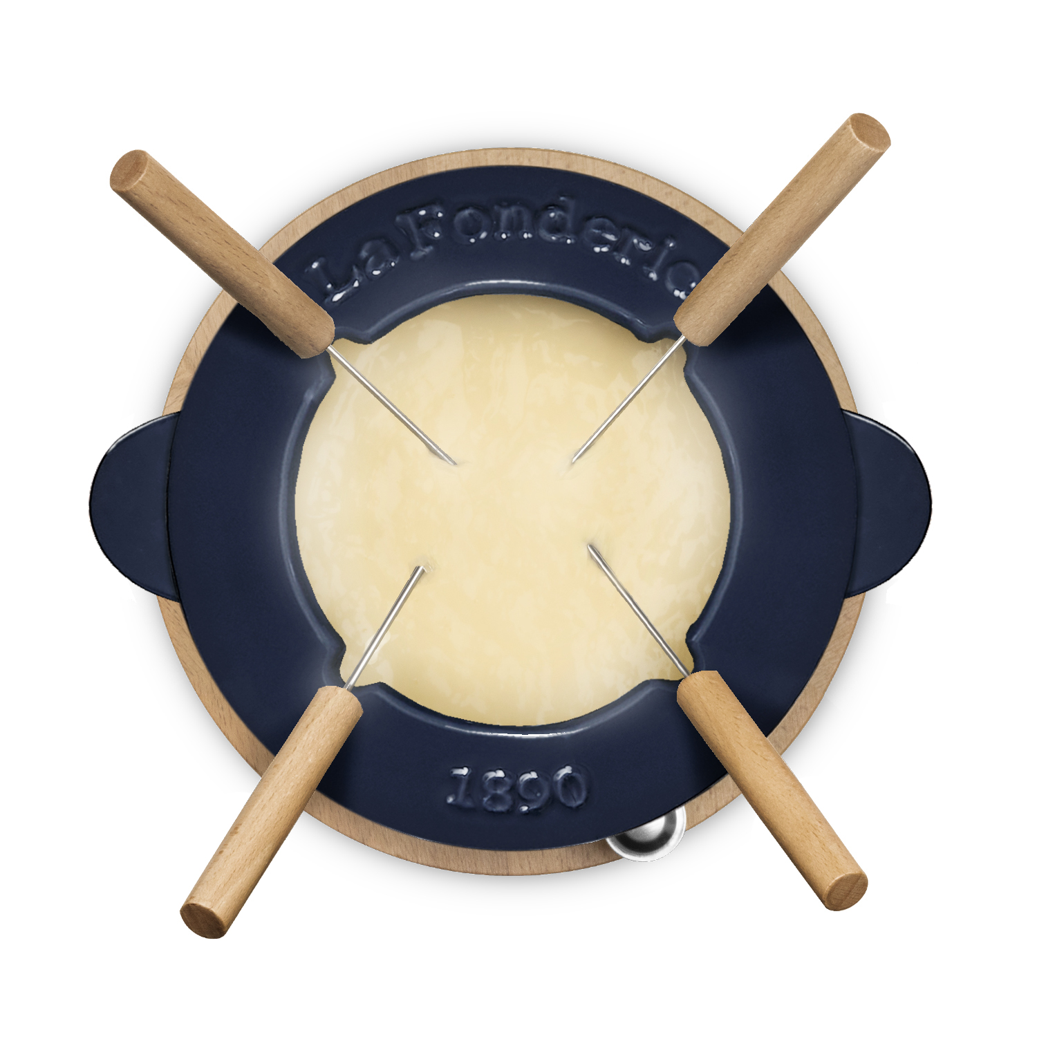 Draufsicht auf ein Fondue-Set. Es hat einen dunkelblauen Topf, einen Holzsockel und vier Fonduegabeln.