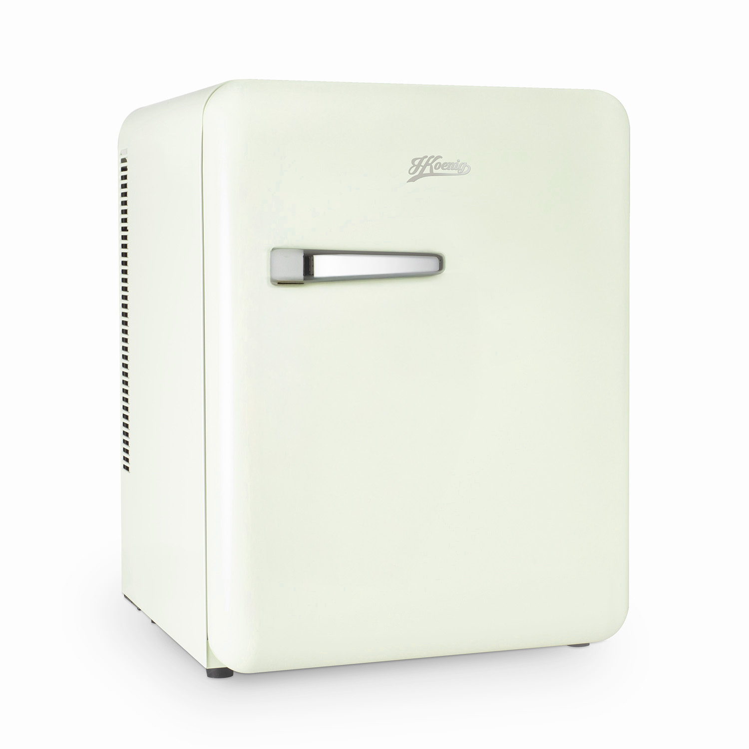 Mini-frigo color crema. Ha una maniglia e una presa d'aria sul lato sinistro.