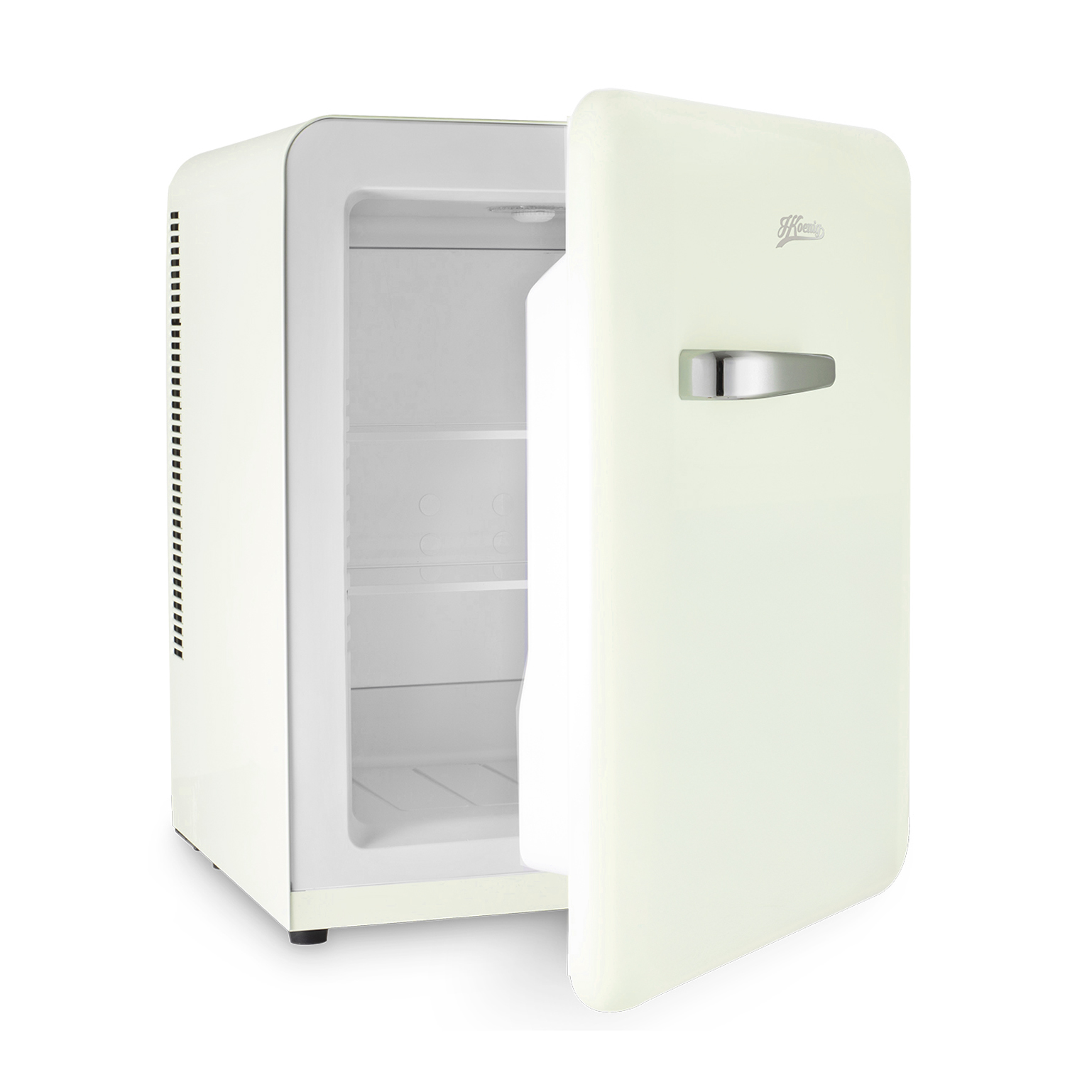 Mini-frigorifero bianco sporco con porta aperta, rivela ripiani. Maniglia cromata.