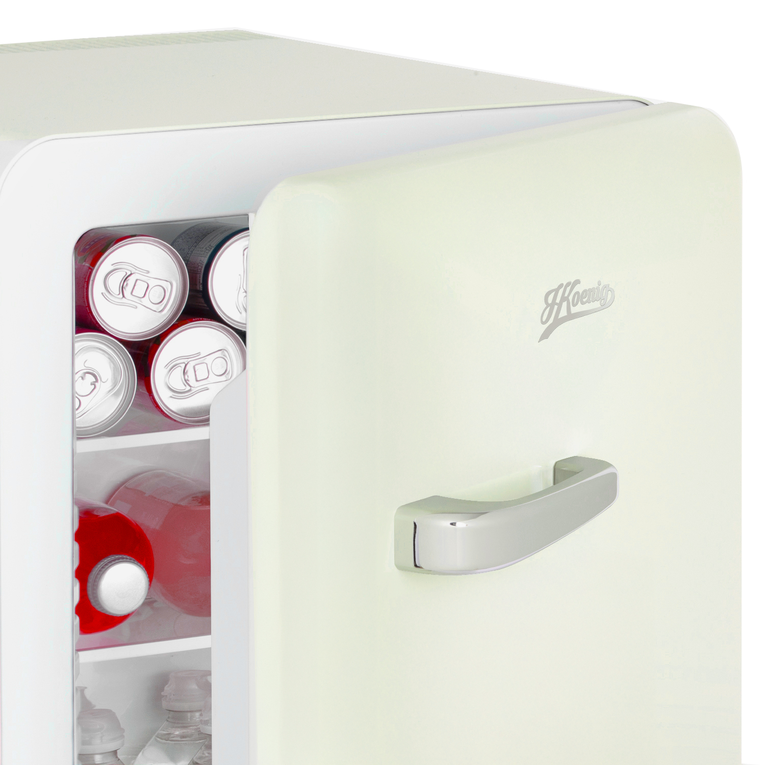 Mini frigo, bianco sporco, porta aperta, lattine e bottiglie all'interno.