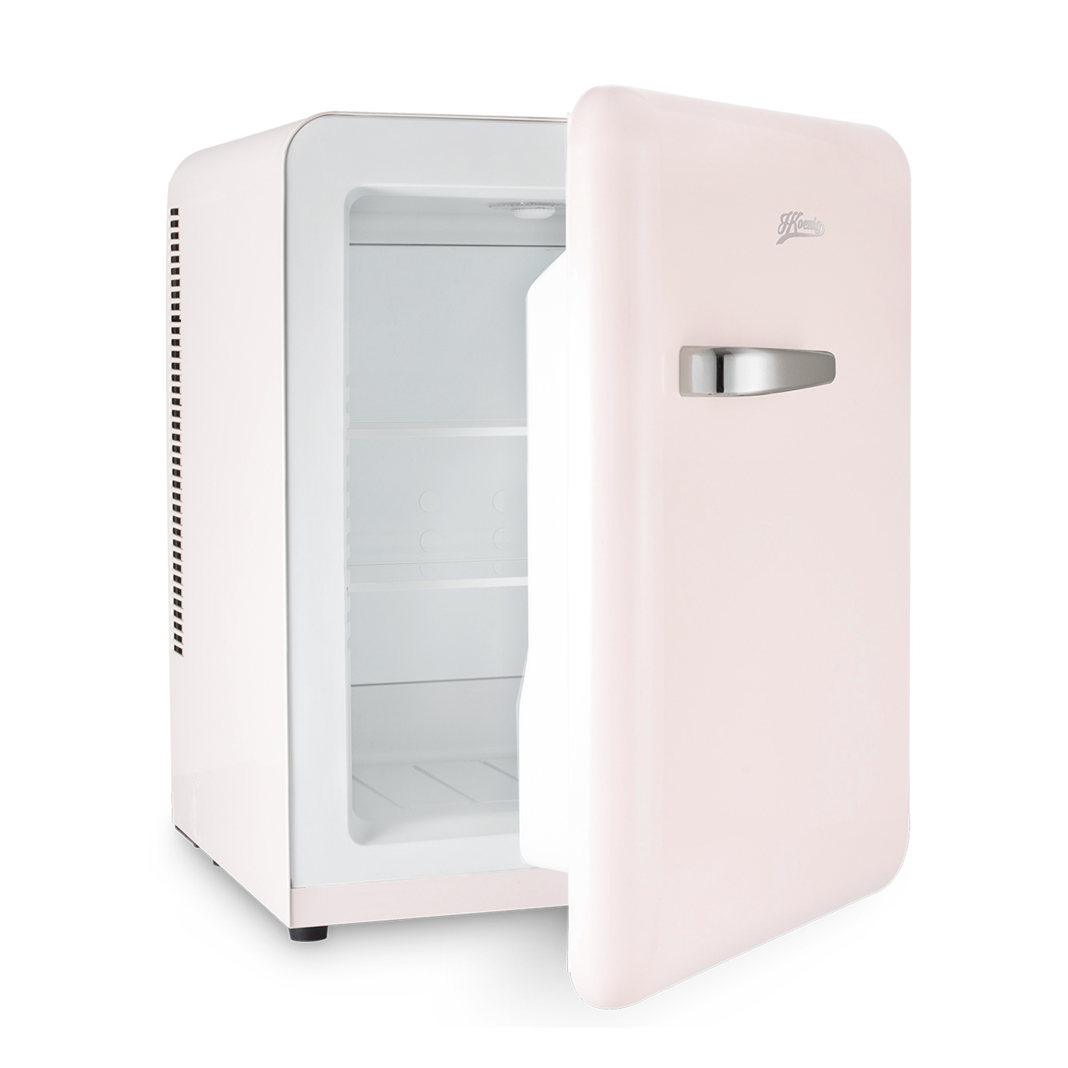 Un piccolo mini frigo bianco sporco con la porta aperta, che mostra l'interno.