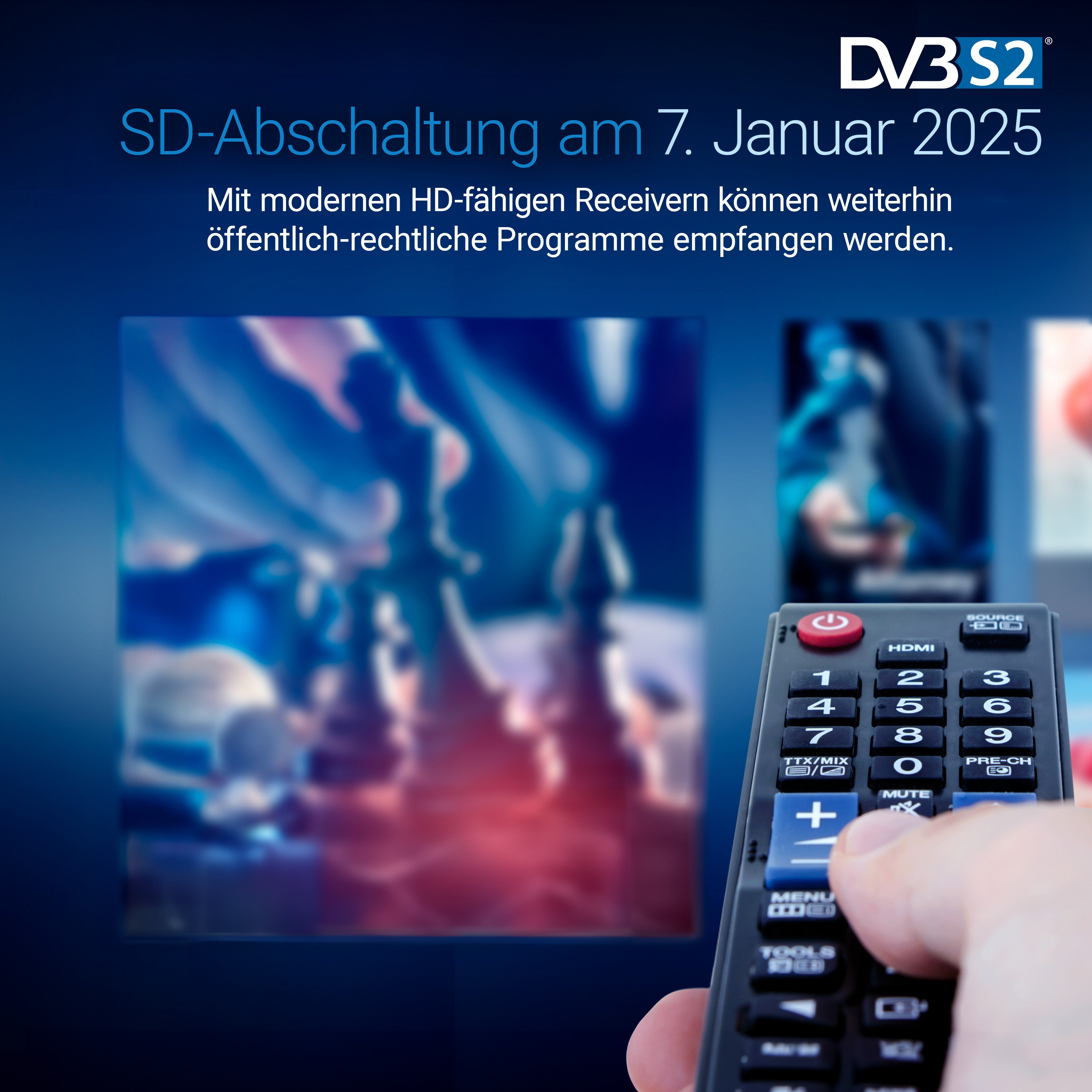 TV-Bildschirm mit verschwommenen Bildern, Fernbedienung im Vordergrund, Text über SD-Abschaltung.