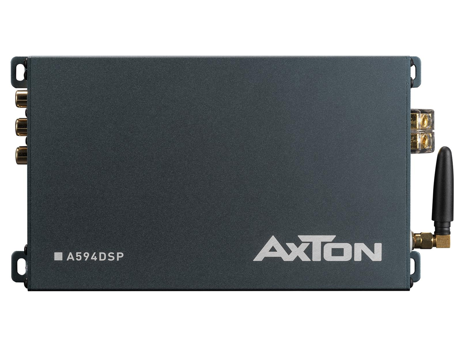 Ein dunkelgraues Axon A594DSP. Es hat Anschlüsse links, ein Logo und eine Antenne rechts.