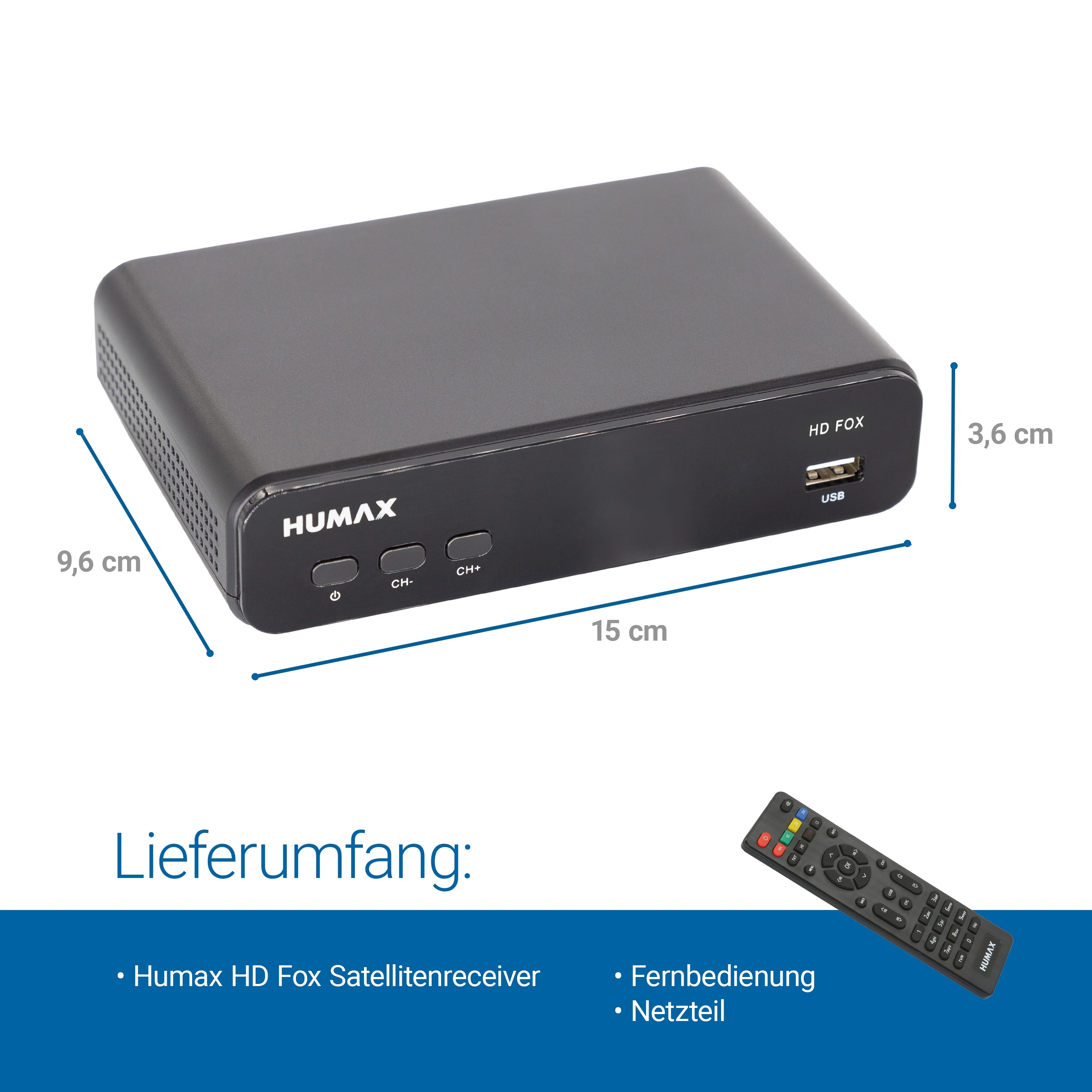 Ein schwarzer Humax HD Fox Satellitenreceiver mit Maßen, Fernbedienung und Netzteil.