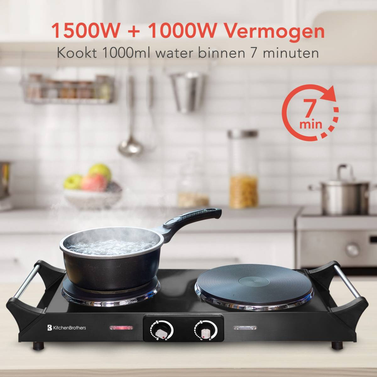 Double electric hob with boiling water, black surface, text overlay, kitchen setting.