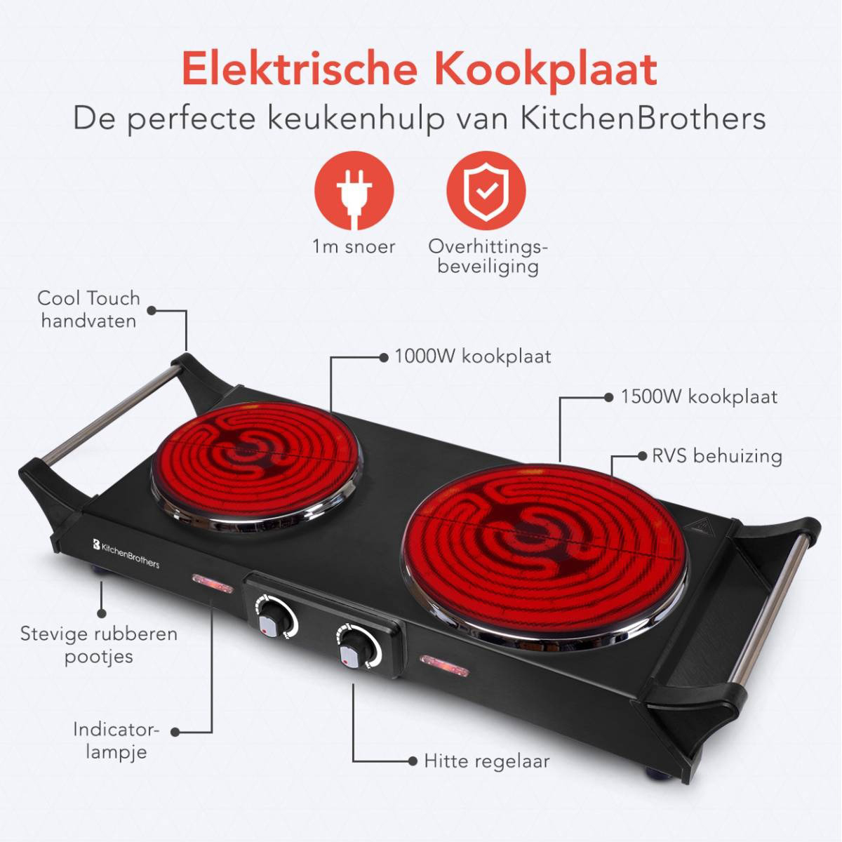 Electric cooktop with two burners, text: Waterproof & breathable. Easy to clean.